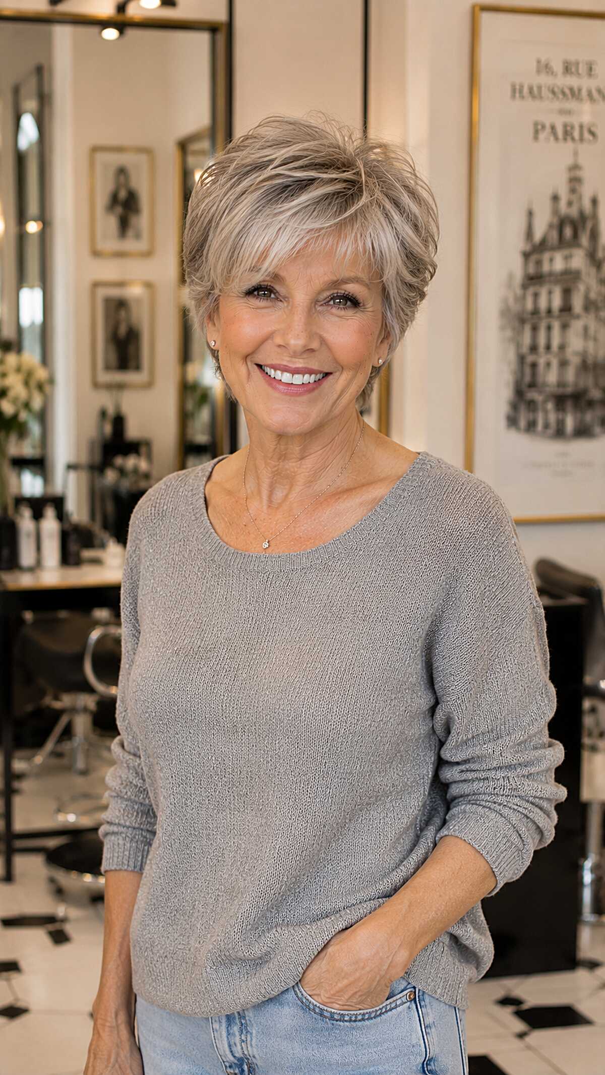 Feathered ash blonde pixie with lifted crown layers