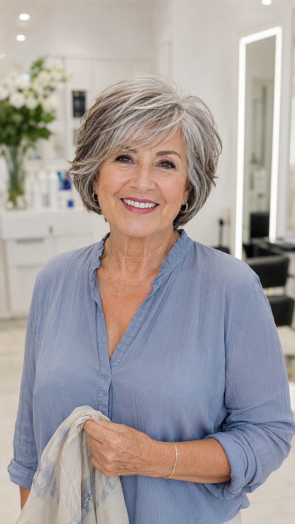 Feathered silver and charcoal bob with swoopy layers