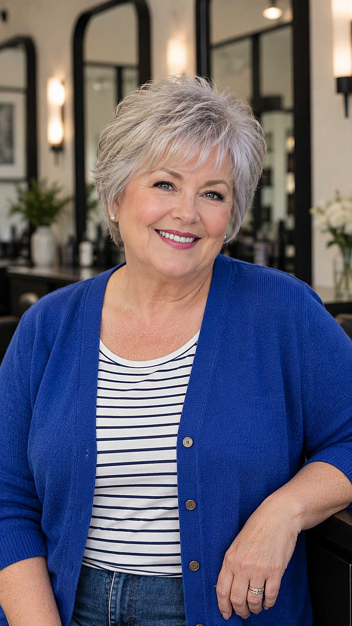 Feathered silver gray pixie with volume at the crown