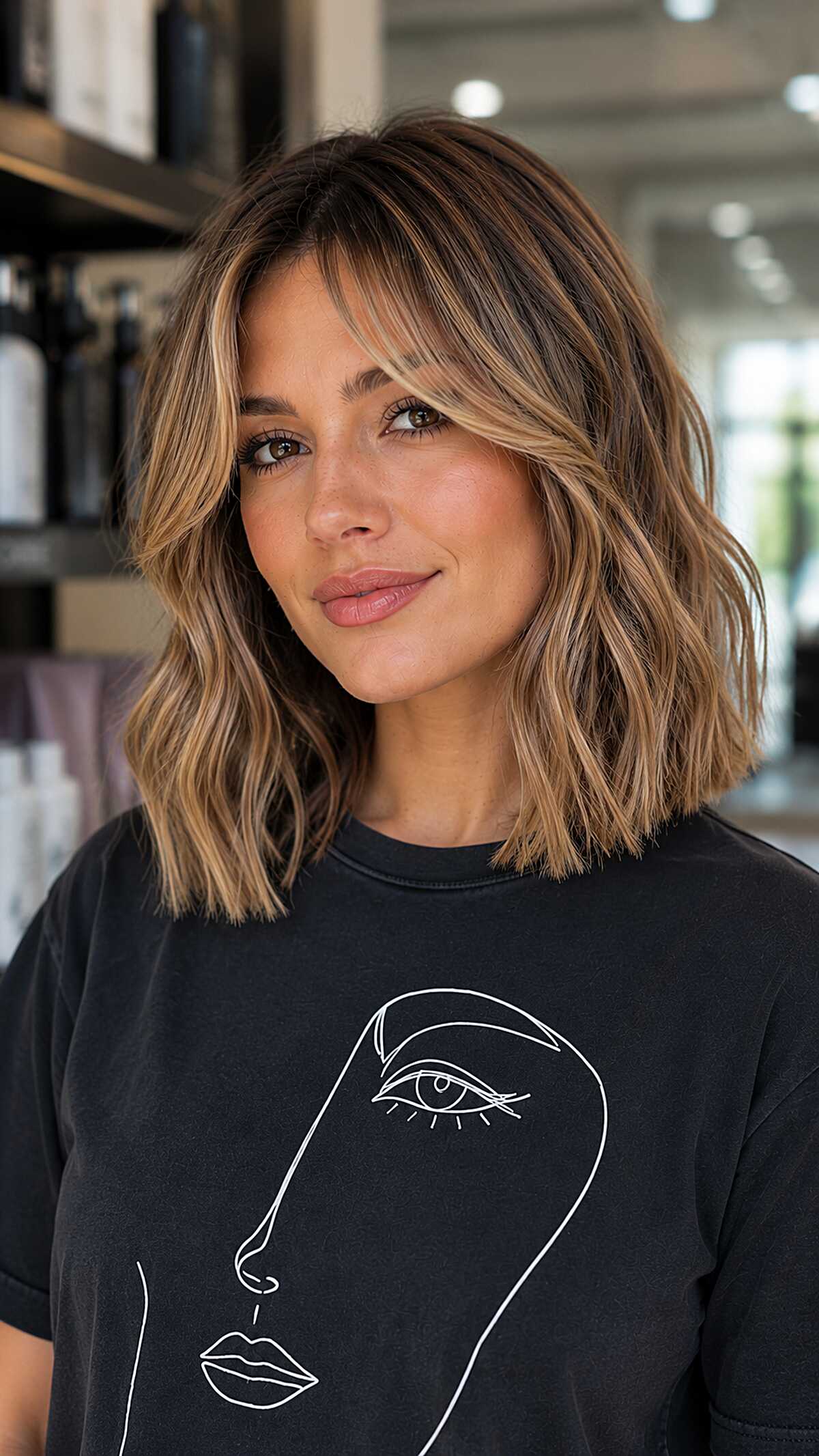 Honey Balayage Blunt Lob with Face-Framing Pieces That Know Their Job