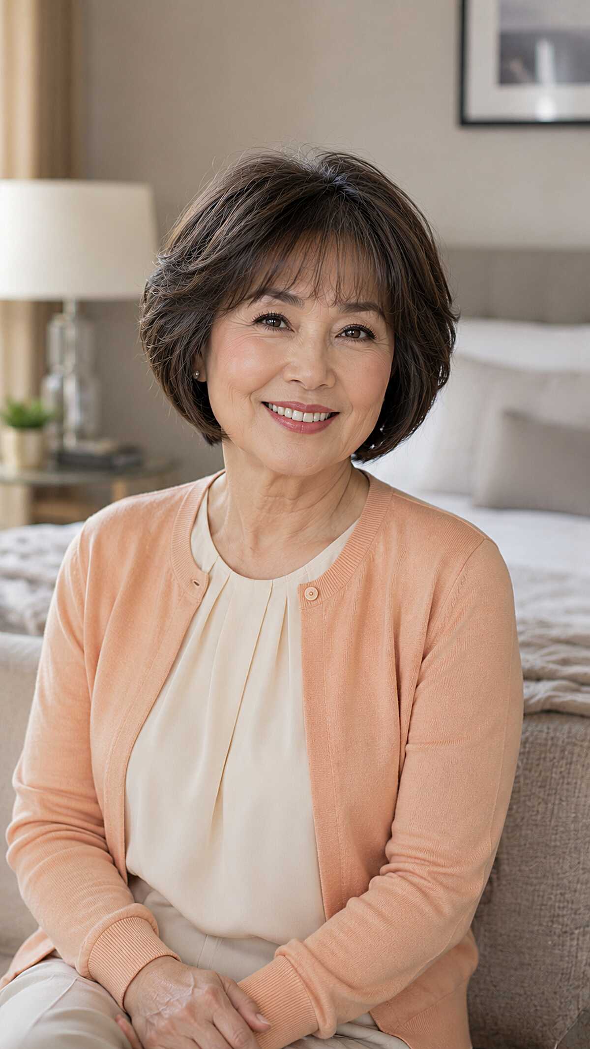 Layered dark brunette bob with soft side-swept bangs