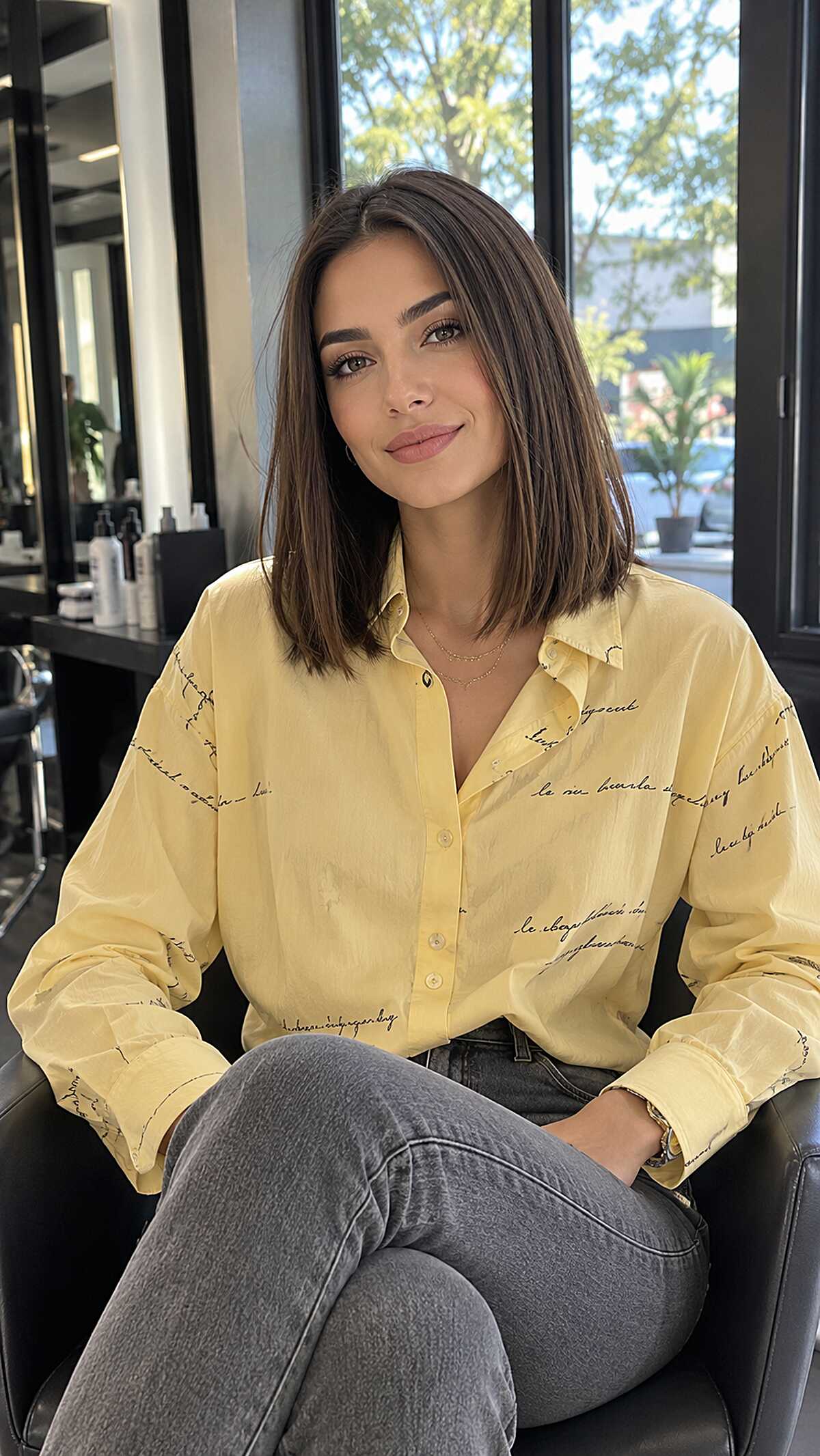 One-Length Brunette Lob with a Center Part and No Texture to Bail You Out