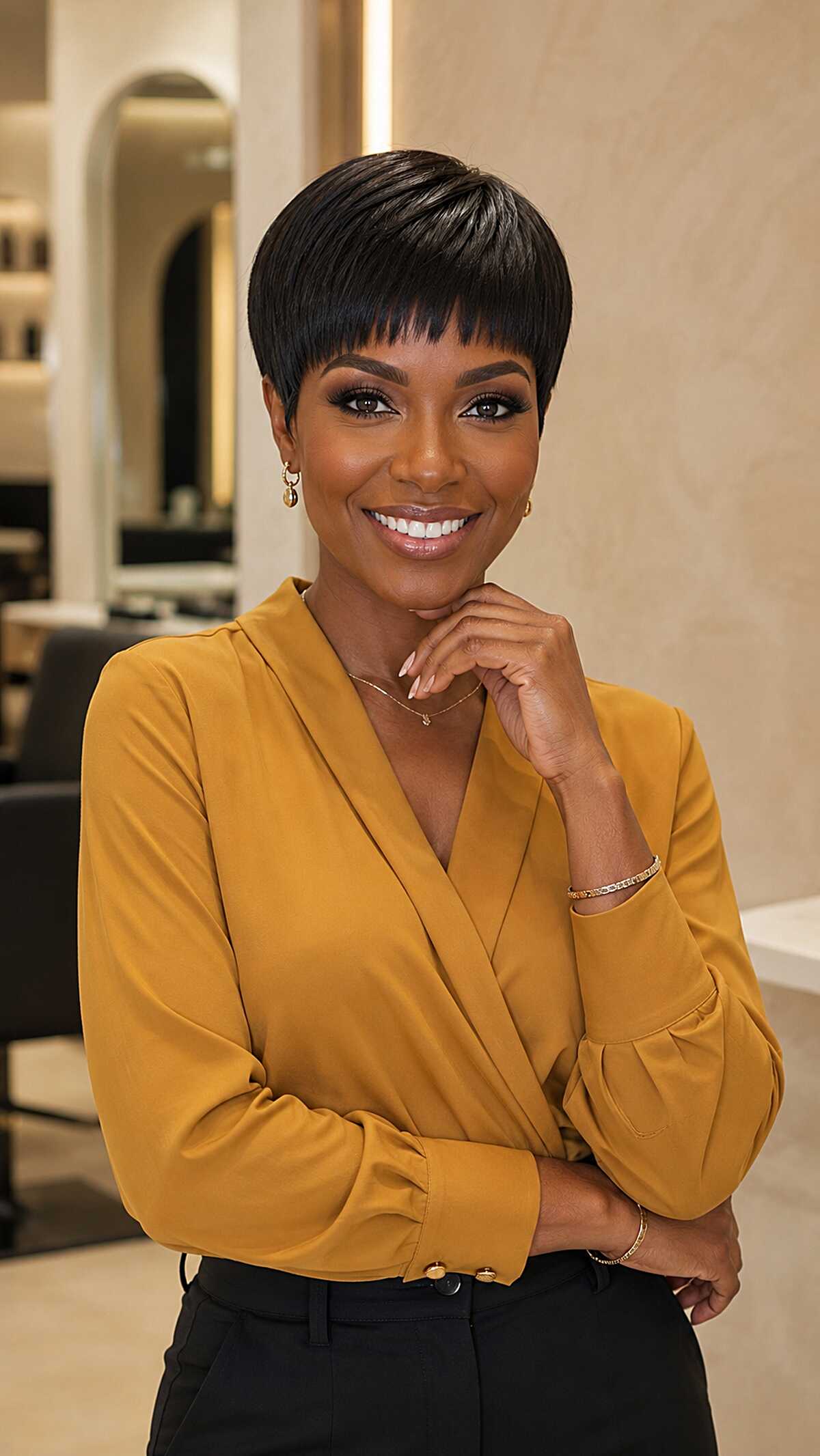 Sleek black pixie cut with full straight-across bangs