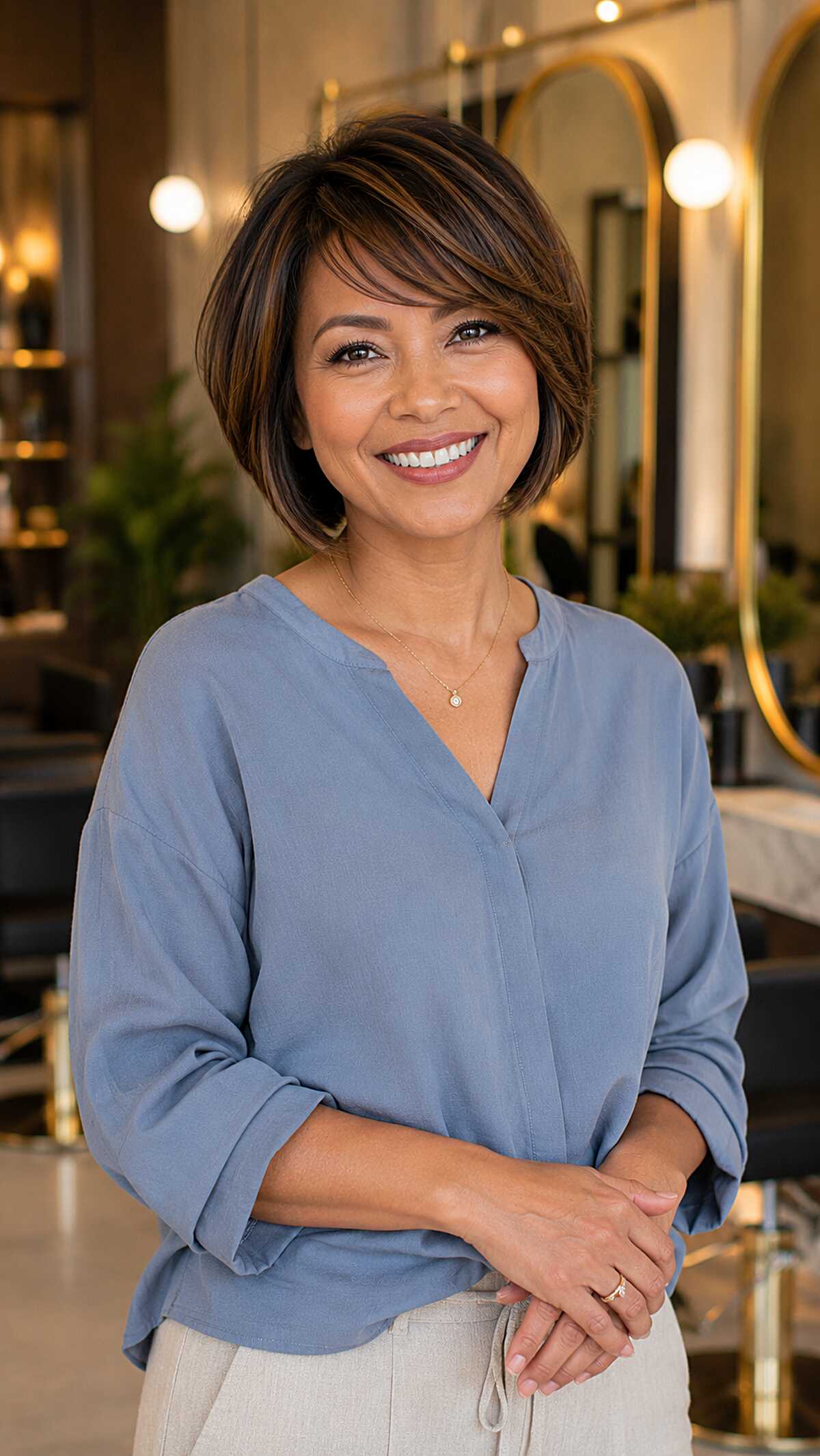 Sleek brunette bob with caramel highlights and bangs