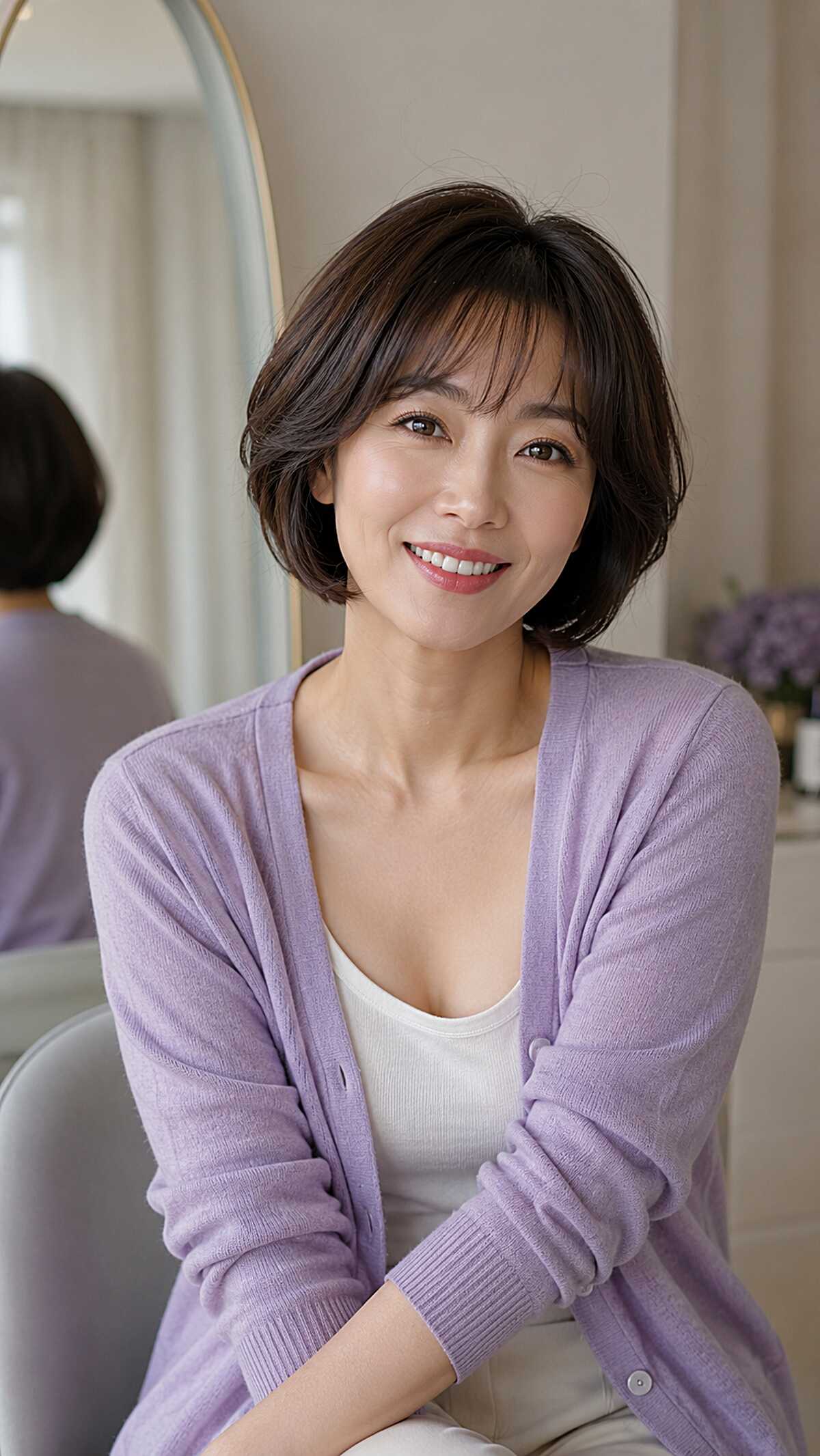 Dark chin-length bob with soft wispy bangs
