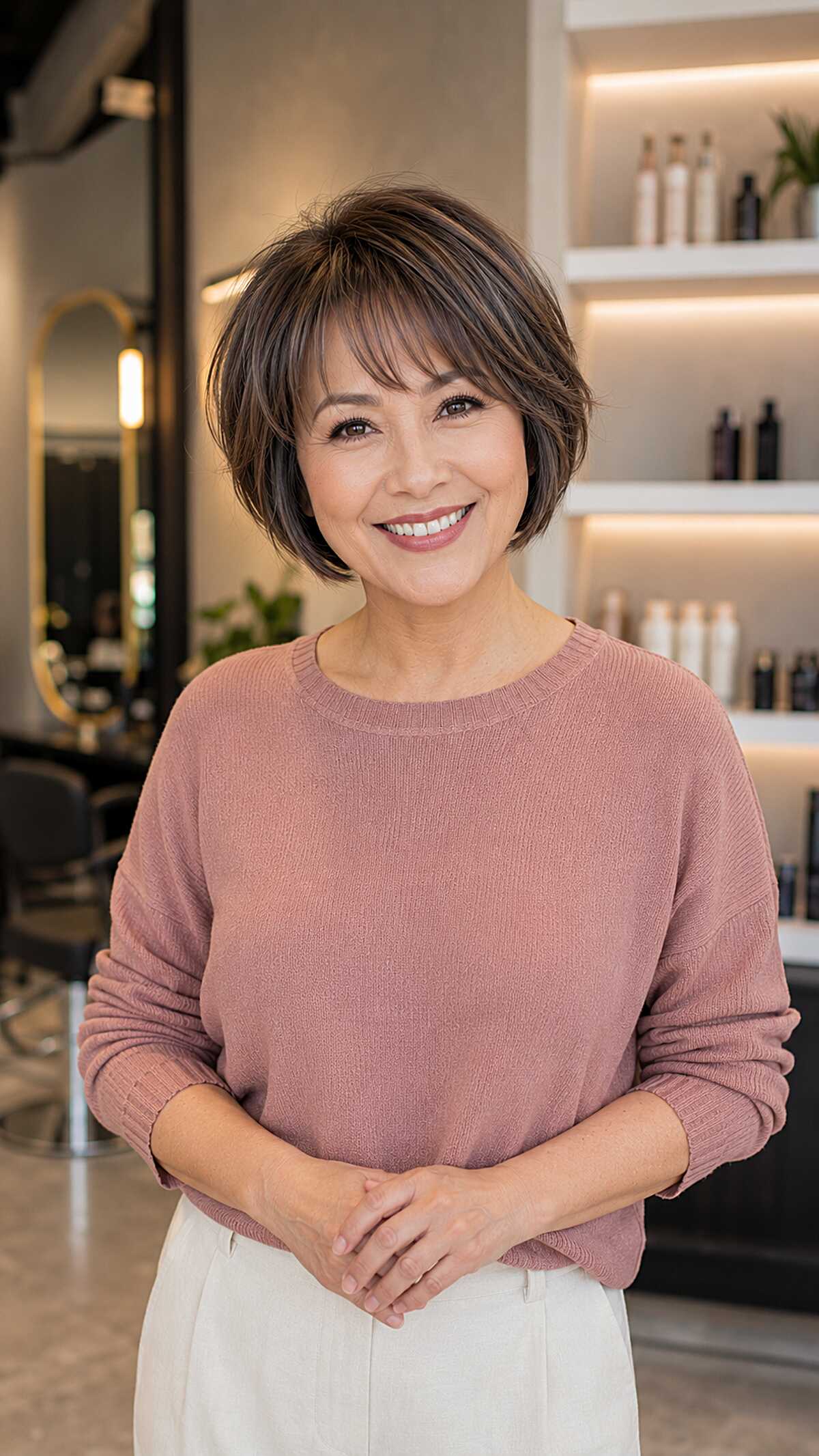Textured dark brunette short bob with wispy fringe