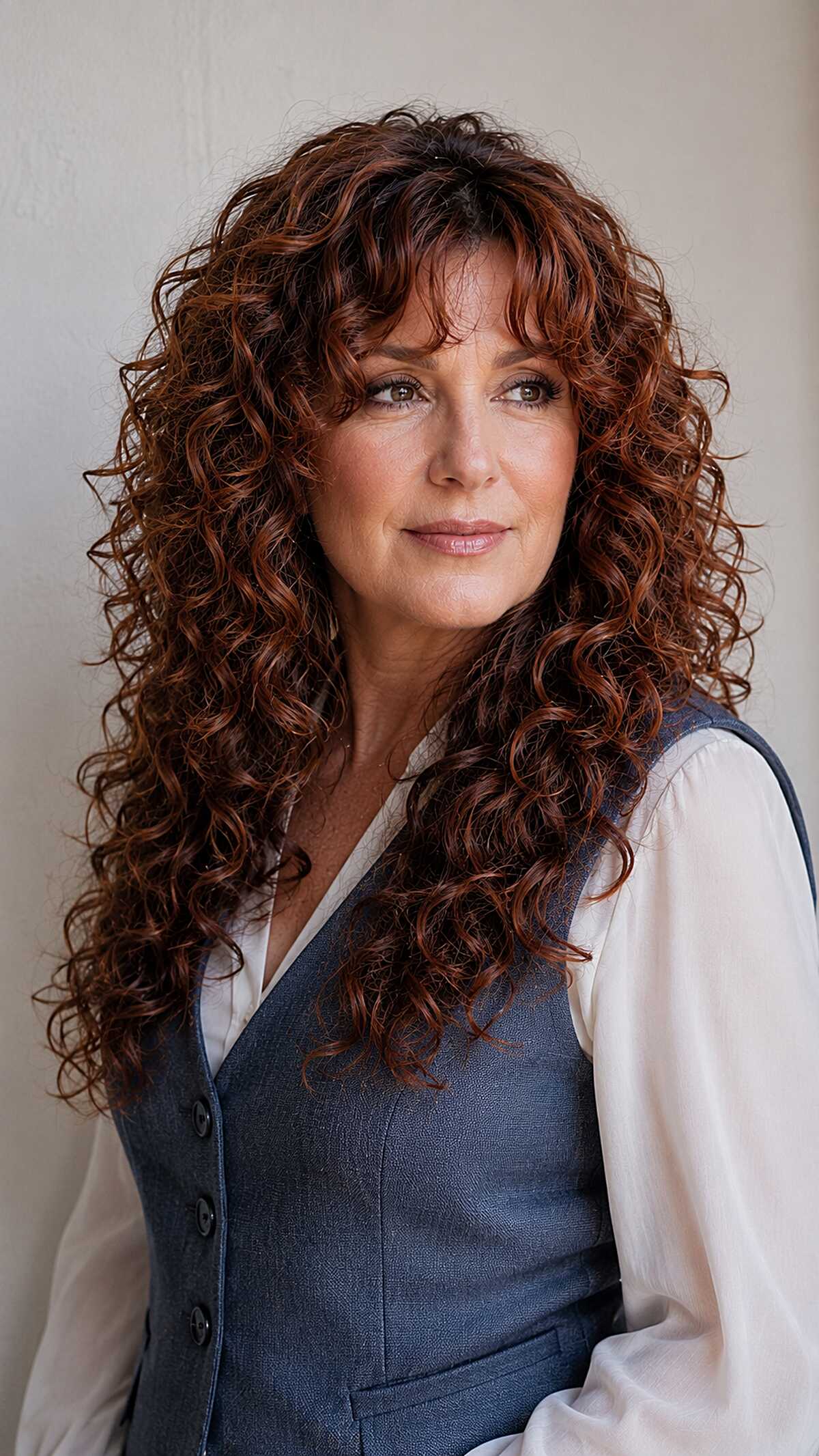 Auburn Curly Shag with Layered Fringe and Rich Copper Dimension