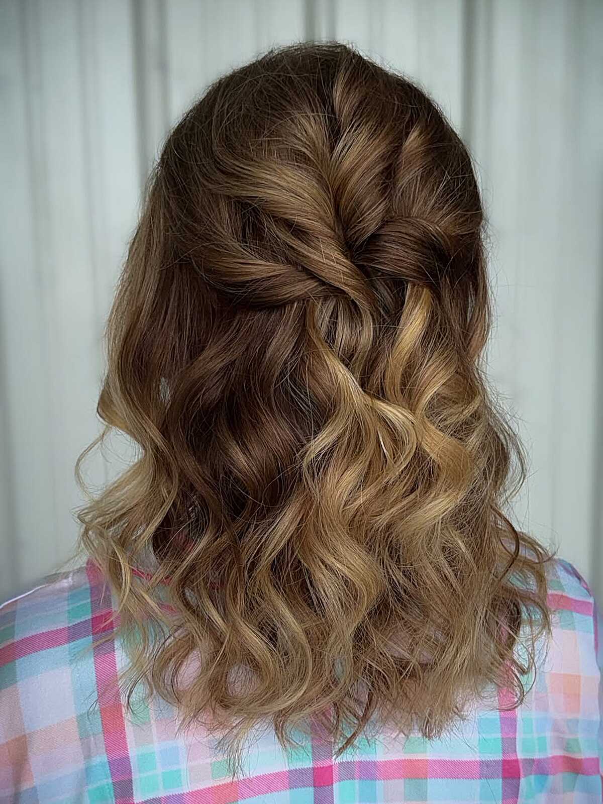 Casual Twisted Half-Up with Warm Caramel Balayage on Medium Hair