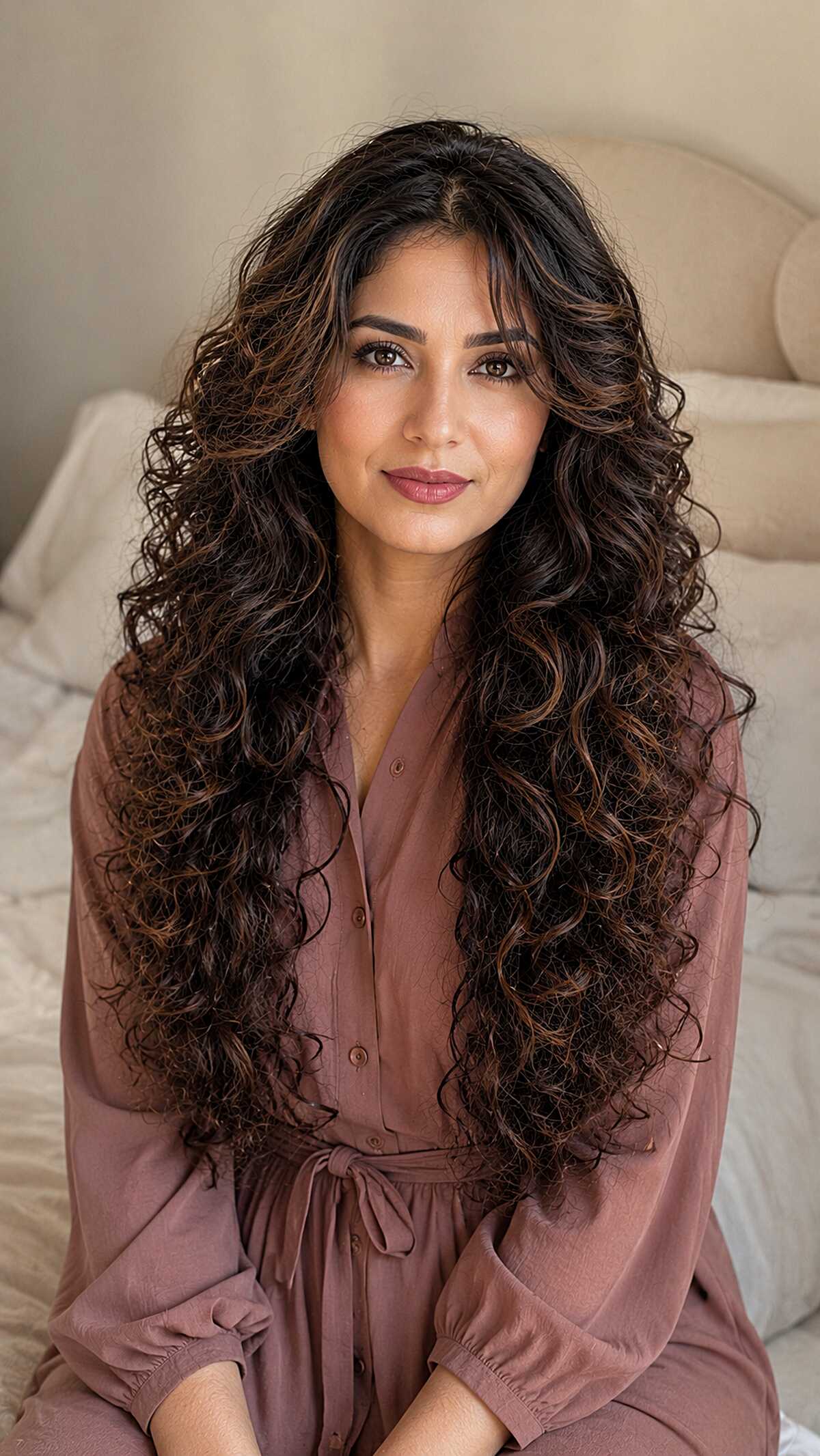 Chest-Length Dark Curls with Scattered Warm Pintura Pieces