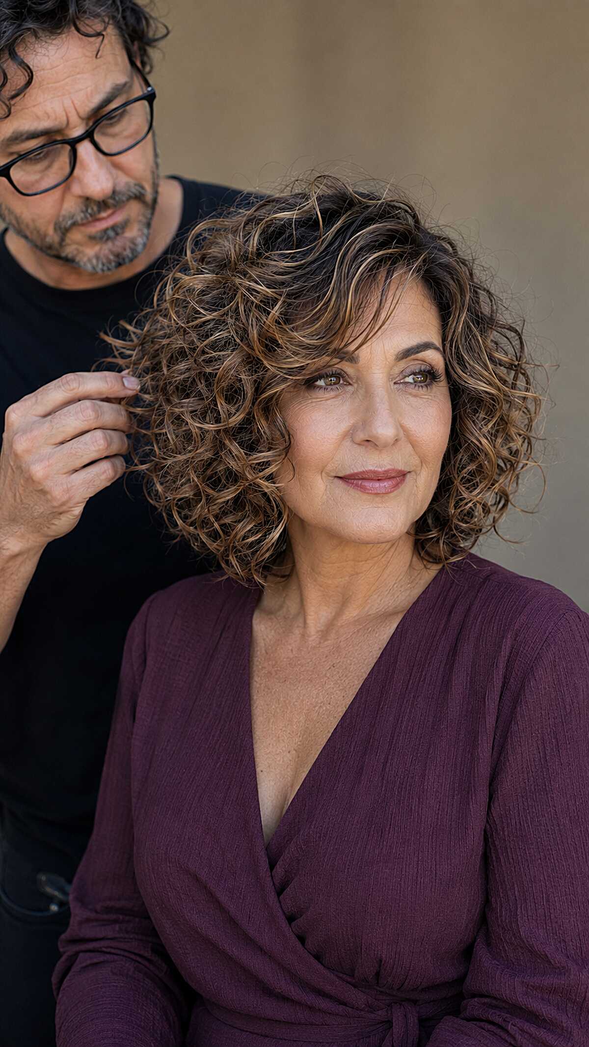 Chin-Length Curly Bob with Pintura Caramel Accents