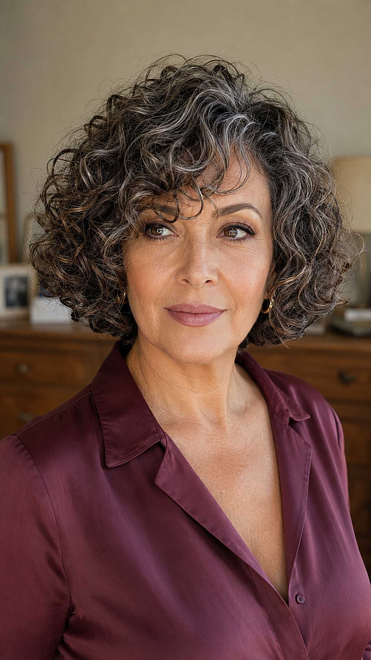 Chin-Length Gray-Streaked Curly Bob with Soft Fringe