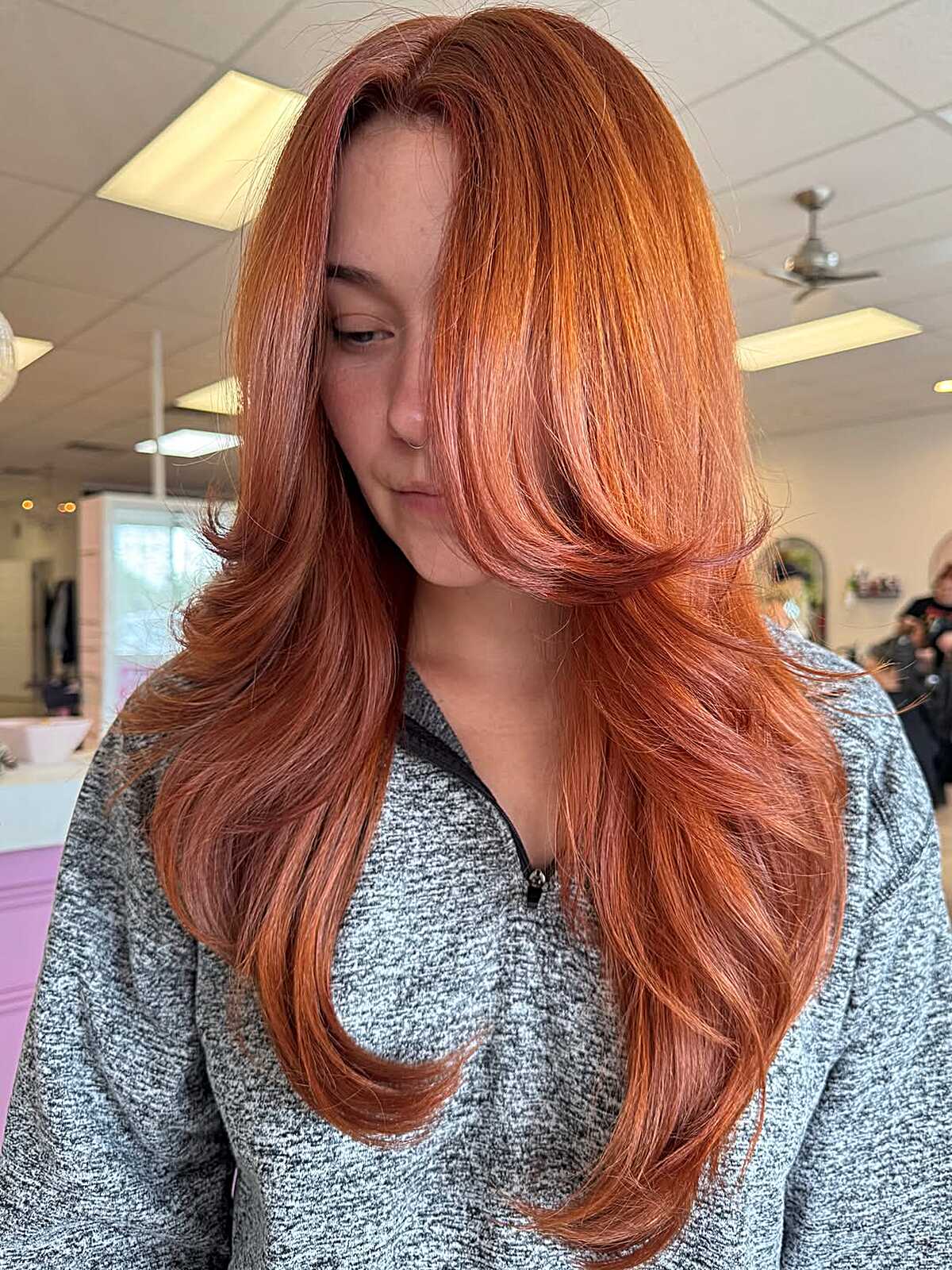Copper Feathered Layers With Curtain Framing on Long Hair