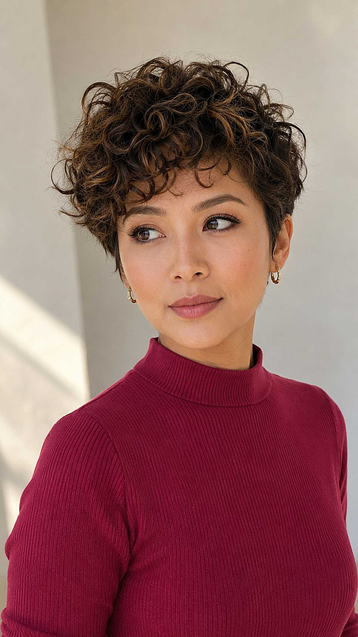 Curly Pixie with Tousled Crown and Warm Honey Threads