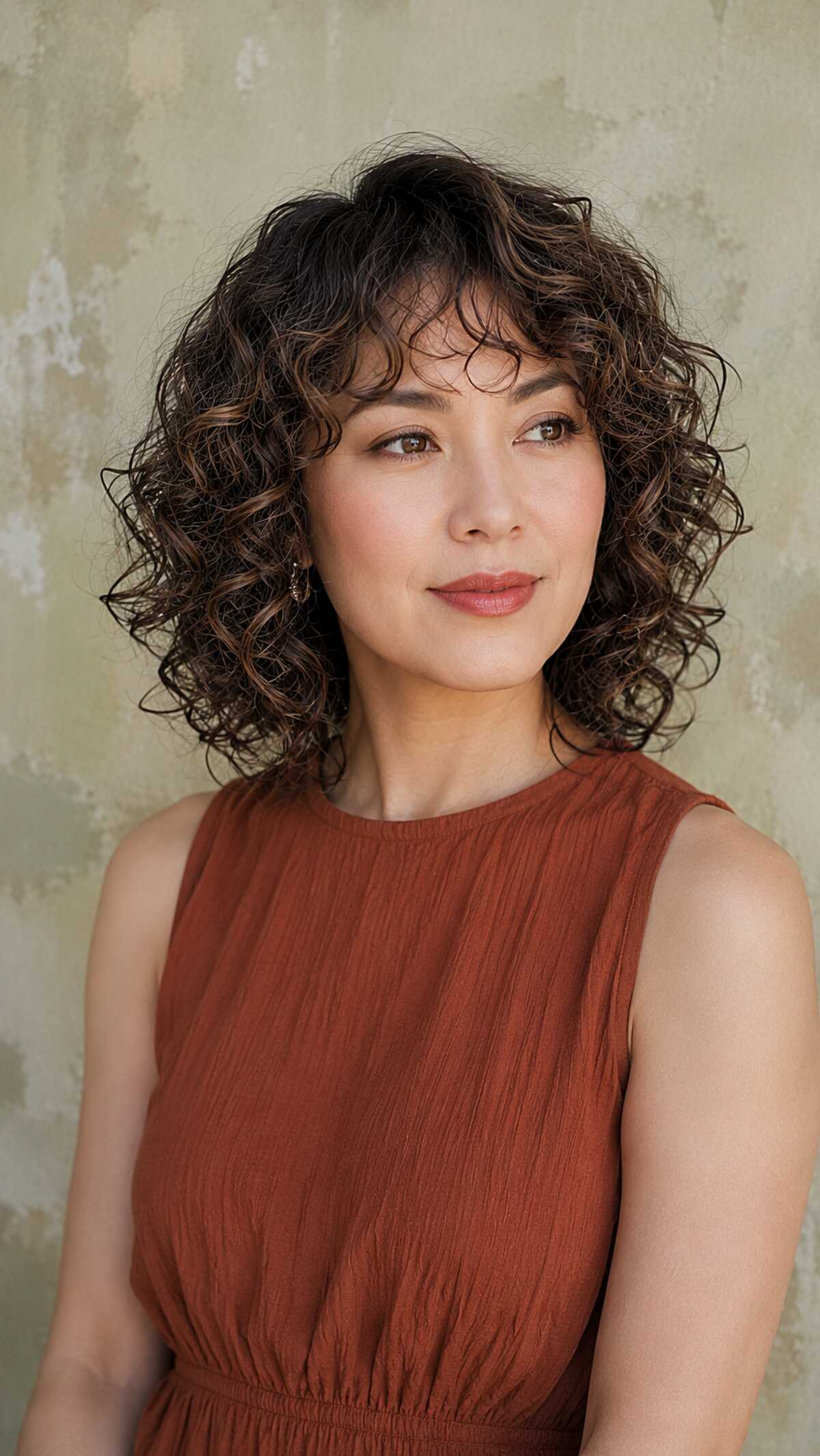 Curly Shag with Soft Bangs and Warm Brunette Dimension