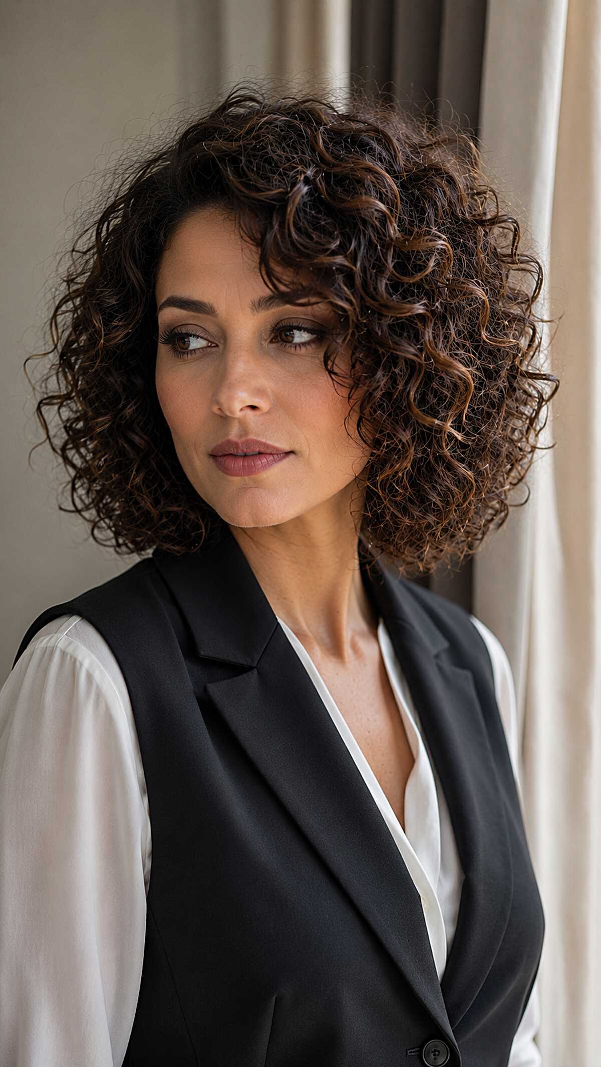 Dark Curly Bob with Warm Chestnut Ribbons and Deep Side Part
