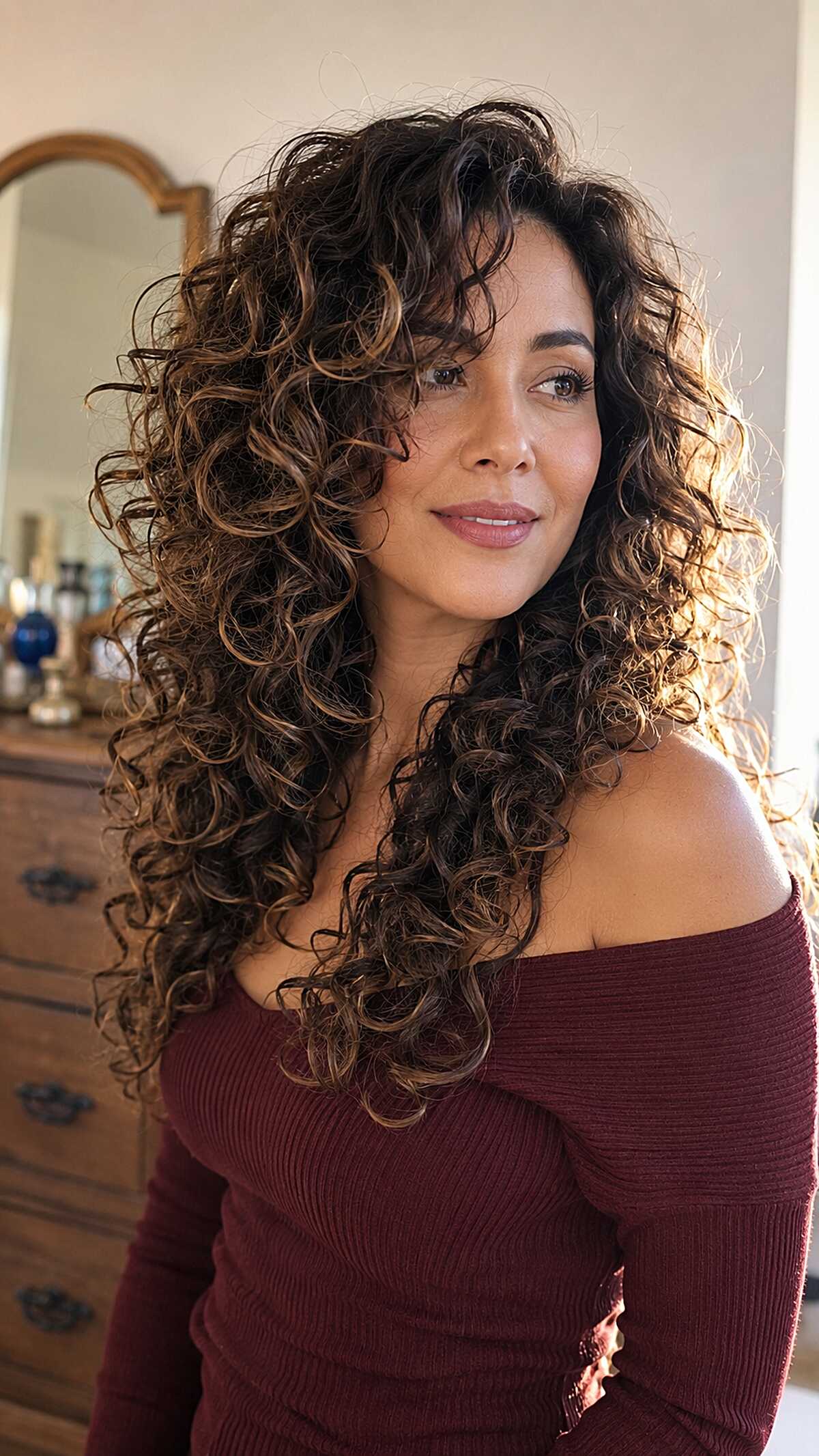 Full-Length Dark Curls with Honey Balayage and Face-Framing Layers