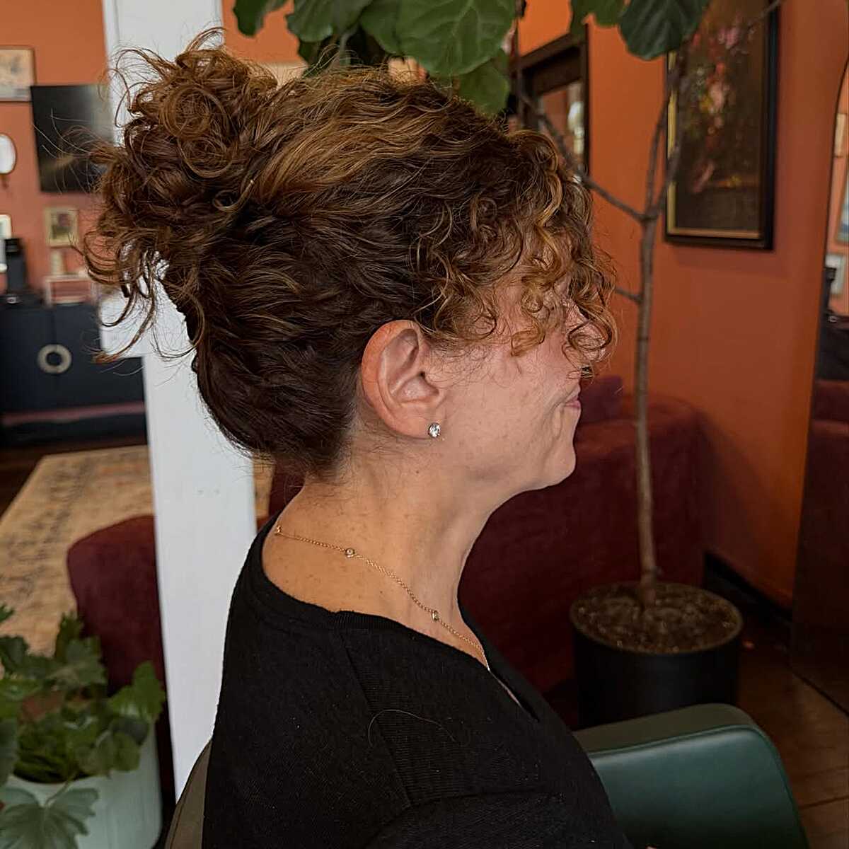 High Gathered Curly Updo with Warm Brunette Ringlets