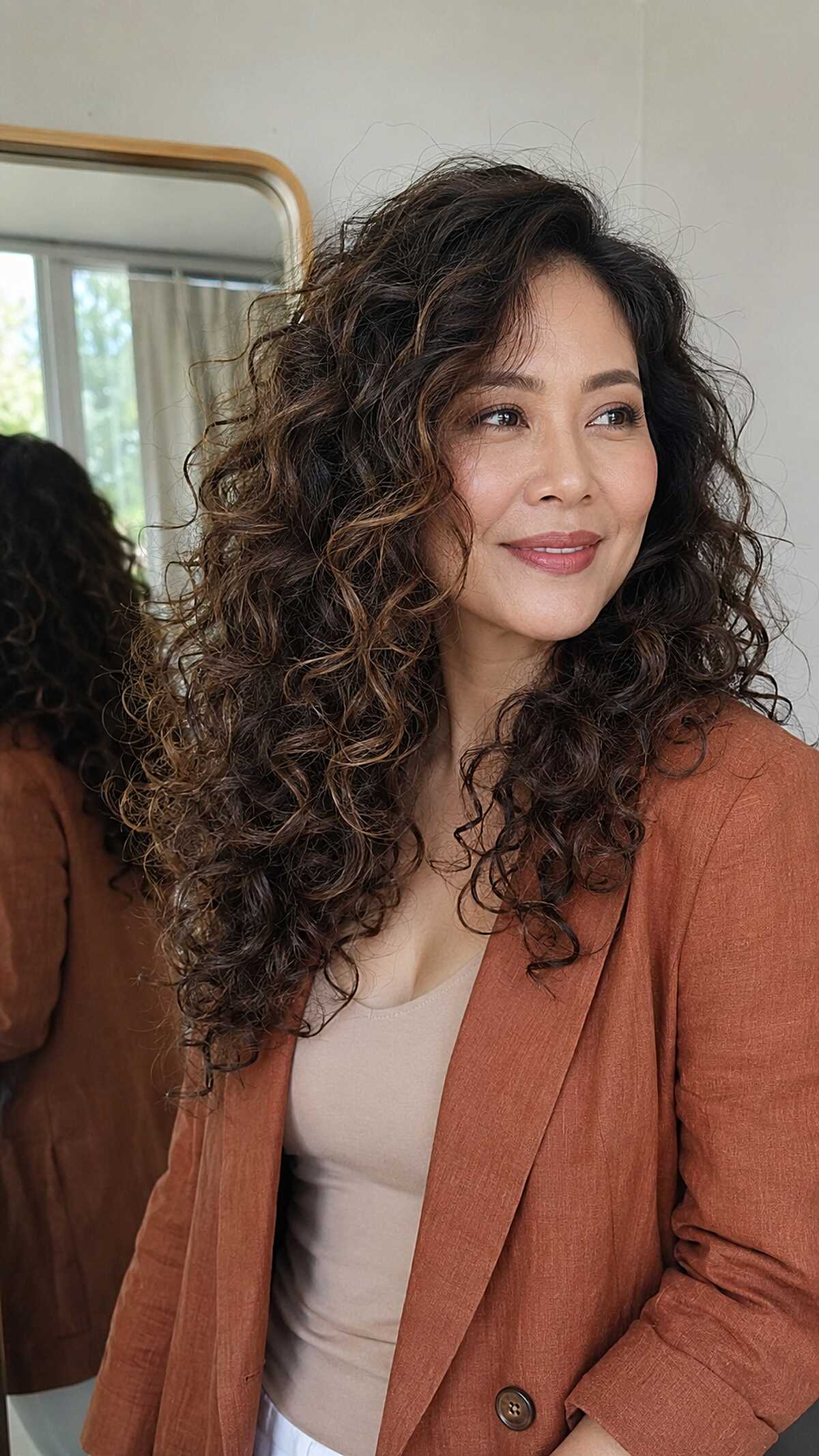 Long Dark Curls with Subtle Warm Highlights and Curtain Framing