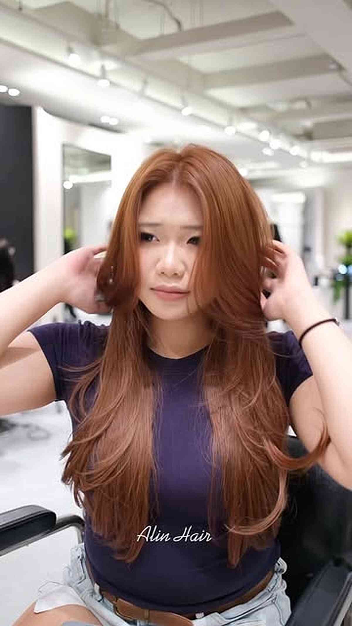 Long Layered Copper Hair with Subtle Movement