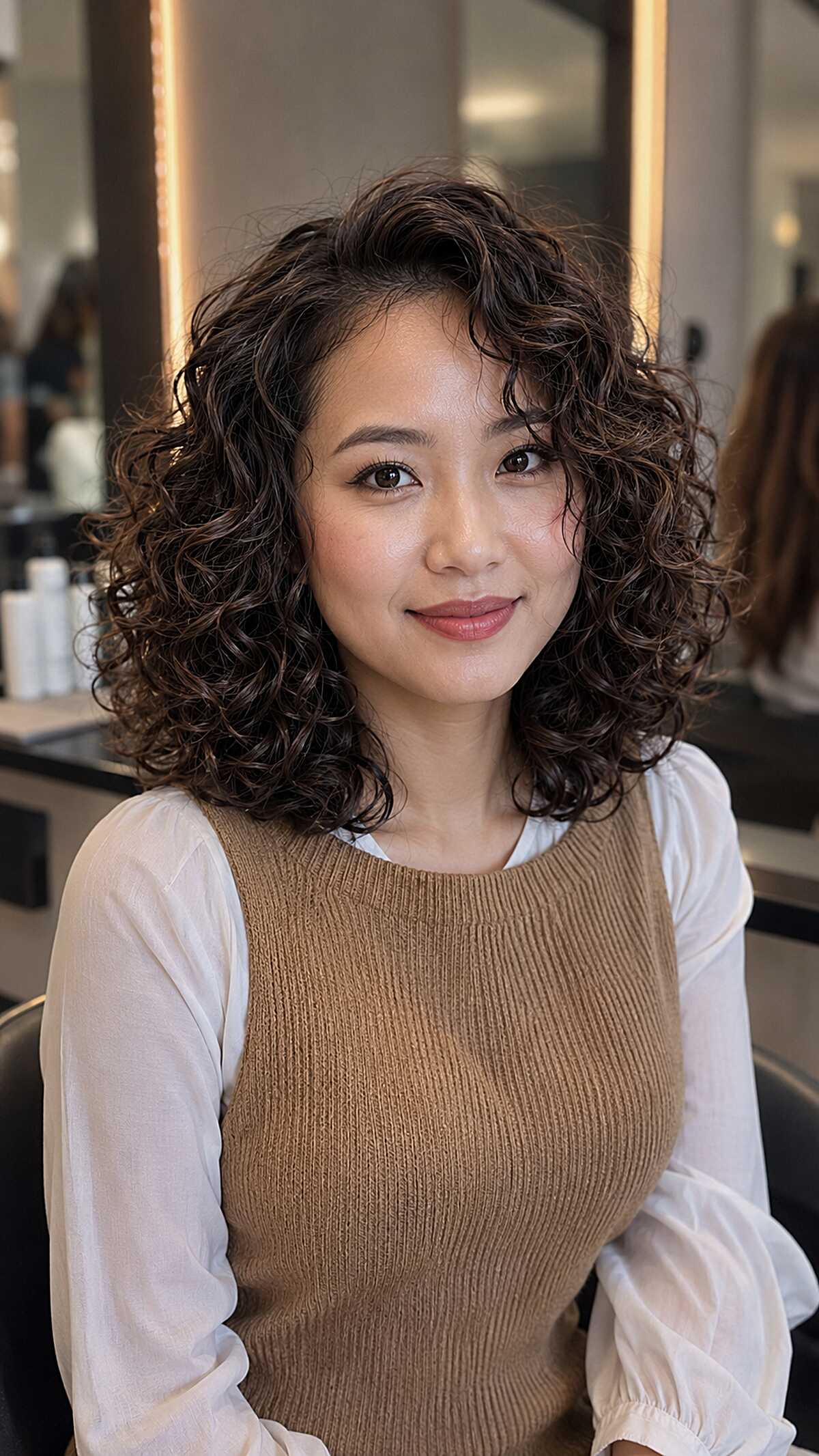 Rounded Dark Curly Bob with Weightless Interior Layers