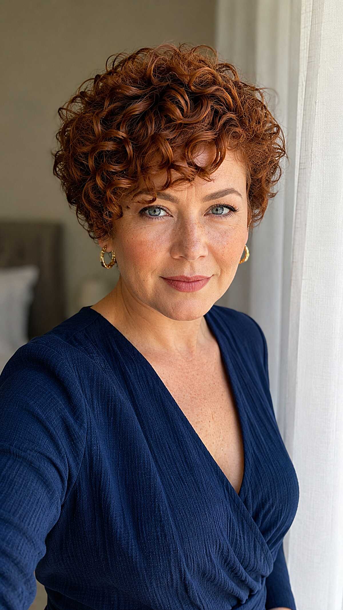 Short Copper Curly Crop with Layered Crown Volume