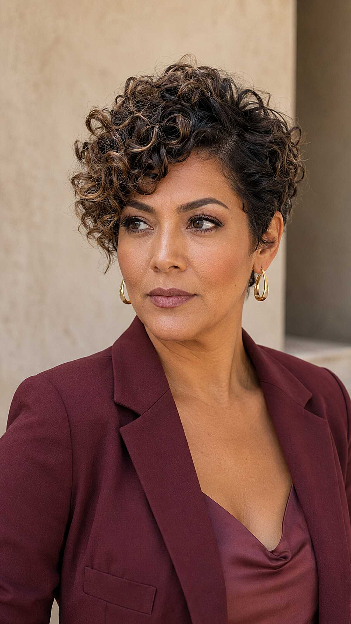 Tapered Curly Pixie with Warm Bronze Pintura Accents