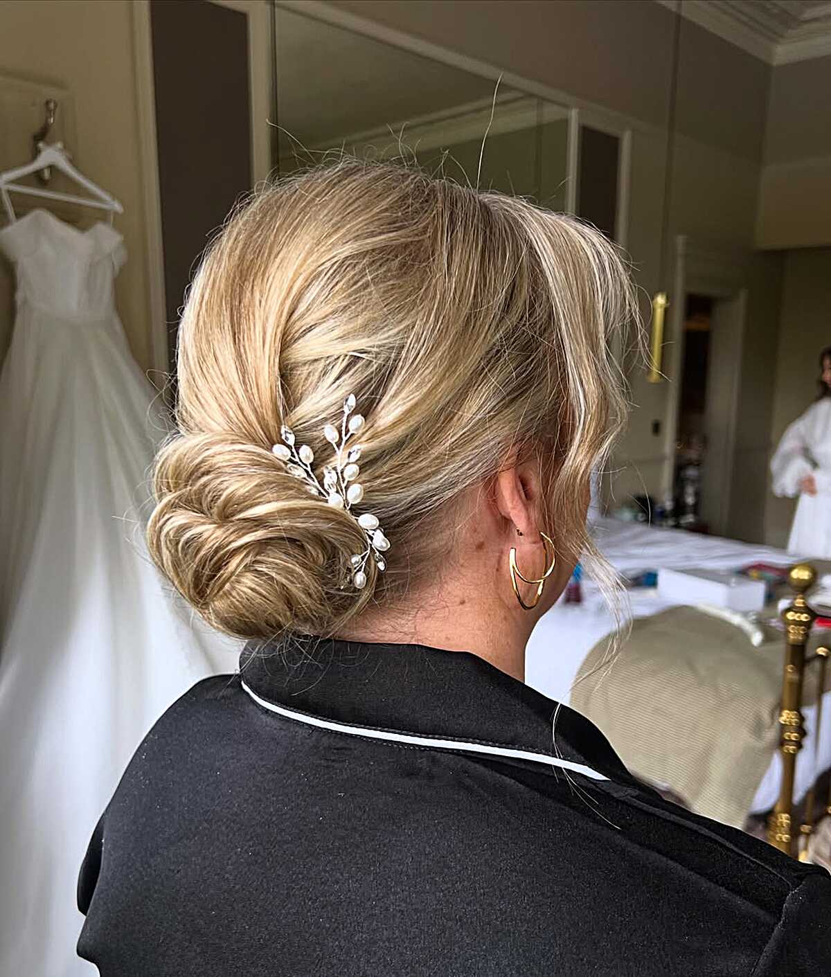 Twisted Low Bun with Pearl Vine on Dimensional Blonde