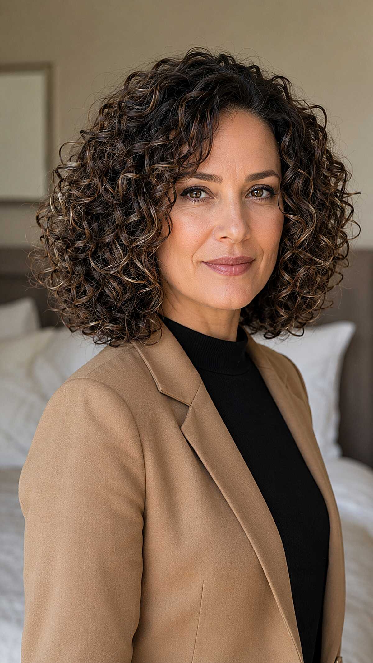 Warm Bronze Threaded Curly Bob with Rounded Silhouette