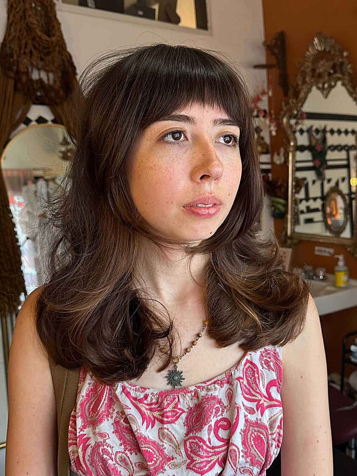 Warm Brunette Butterfly With Full Fringe and Rolled Ends