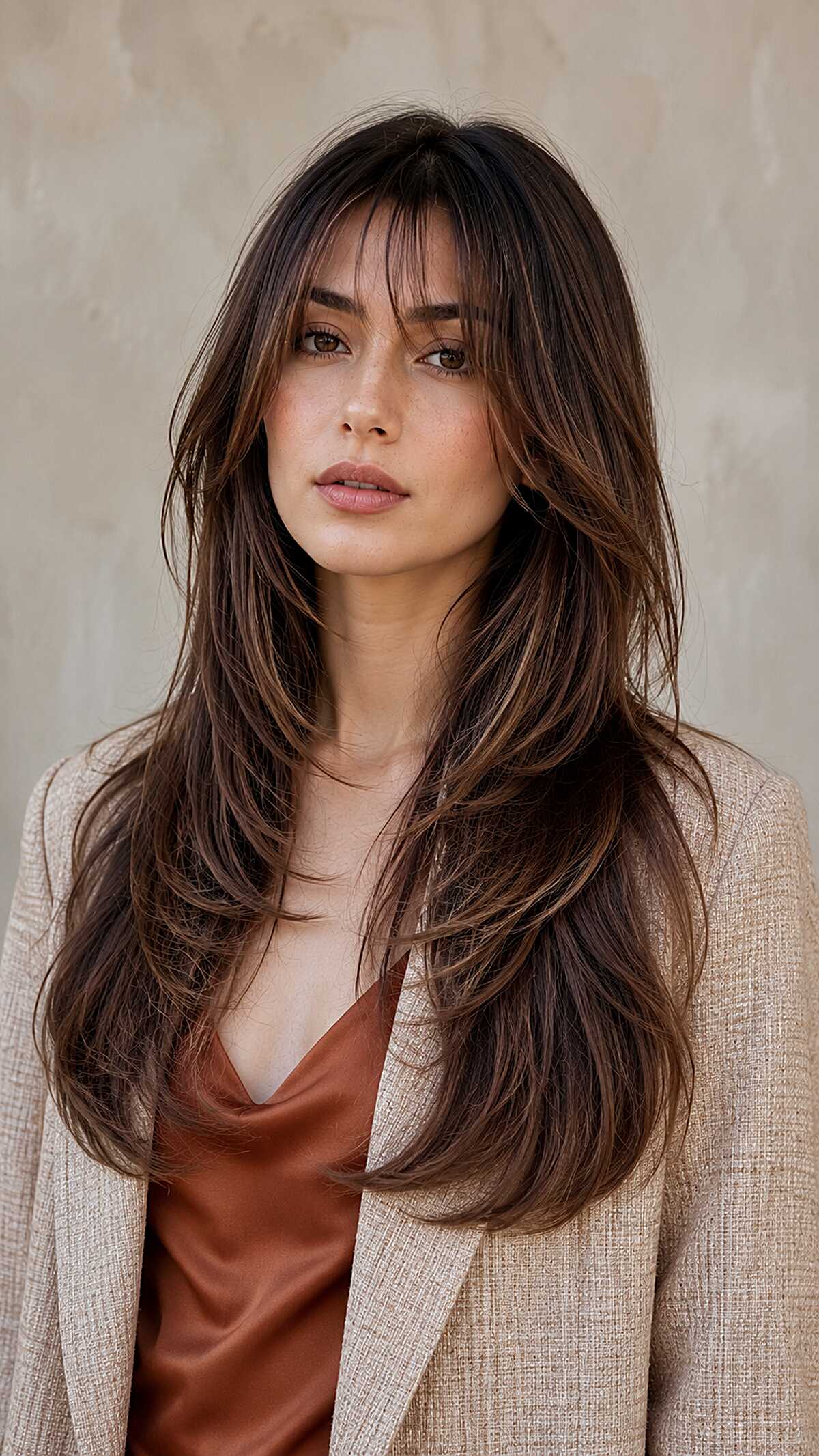Long Dark Brunette with Scattered Layers and Soft Curtain Bangs