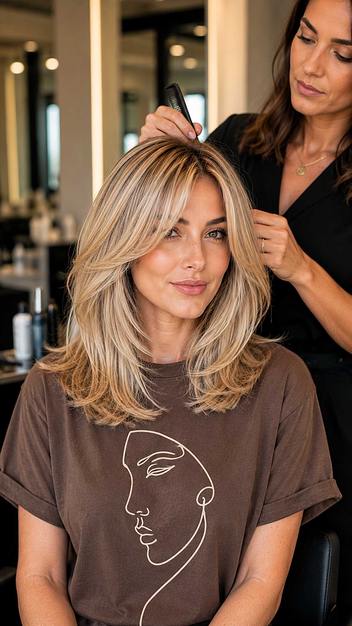Rooted Blonde Collarbone Cut with Kicked-Out Interior Texture