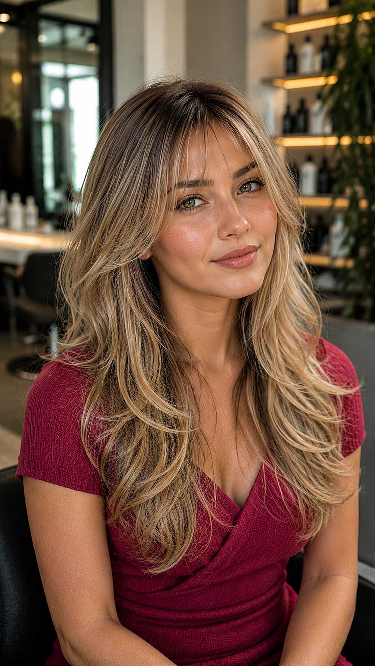 Sun-Kissed Bronde with Long Feathered Layers and Wispy Bangs