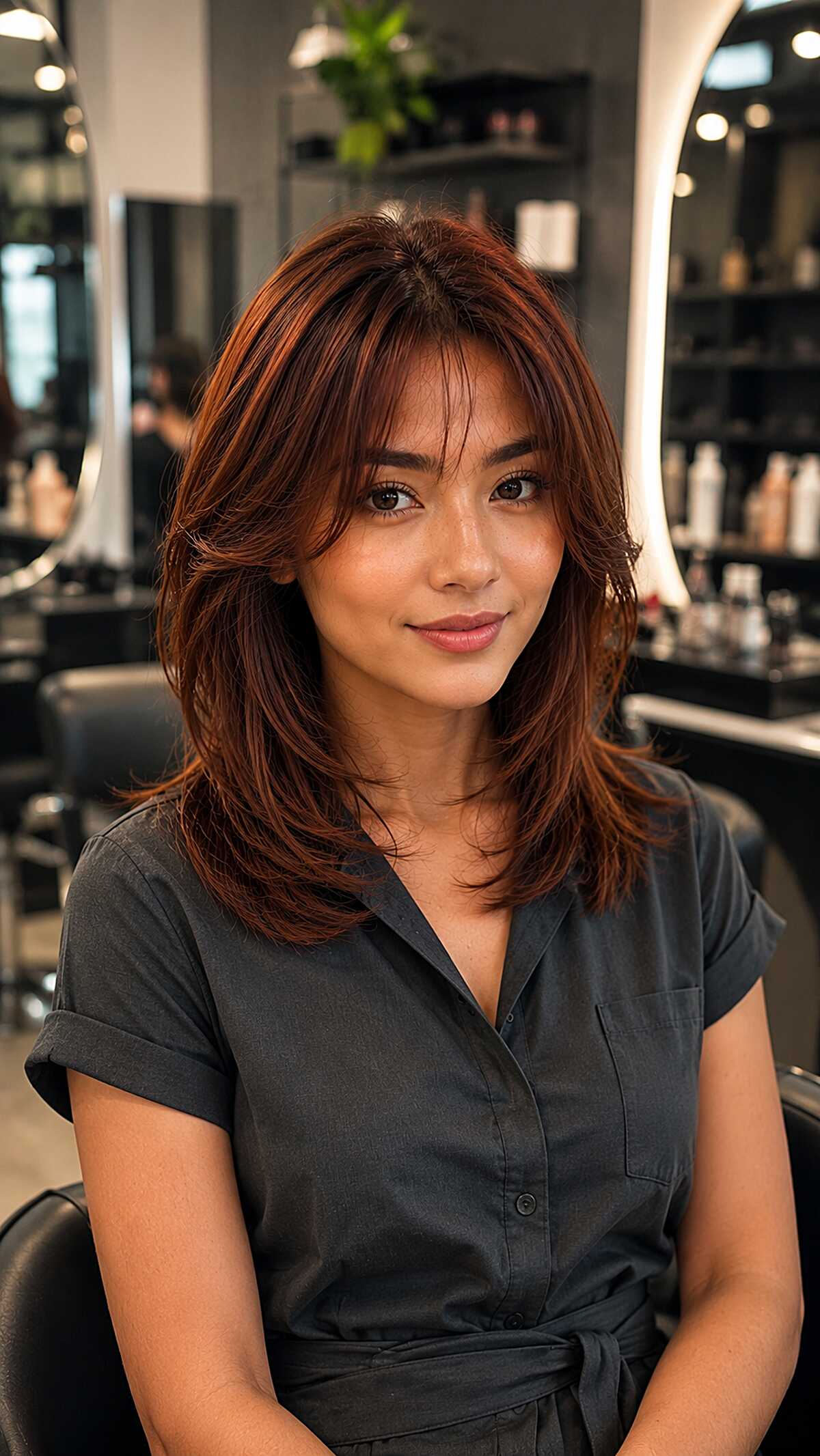 Warm Russet Collarbone Shag with Piecey Fringe That Moves on Its Own