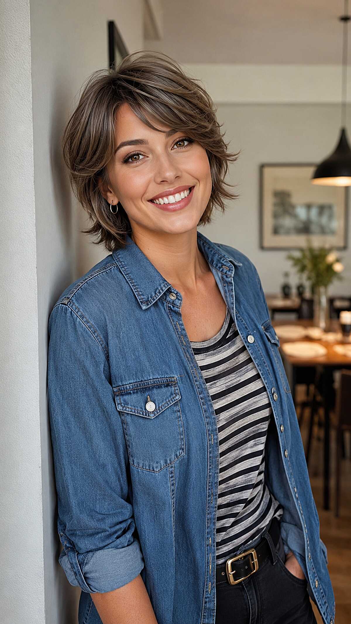 Ash Brunette Butterfly Bob with Windswept Crown Layers