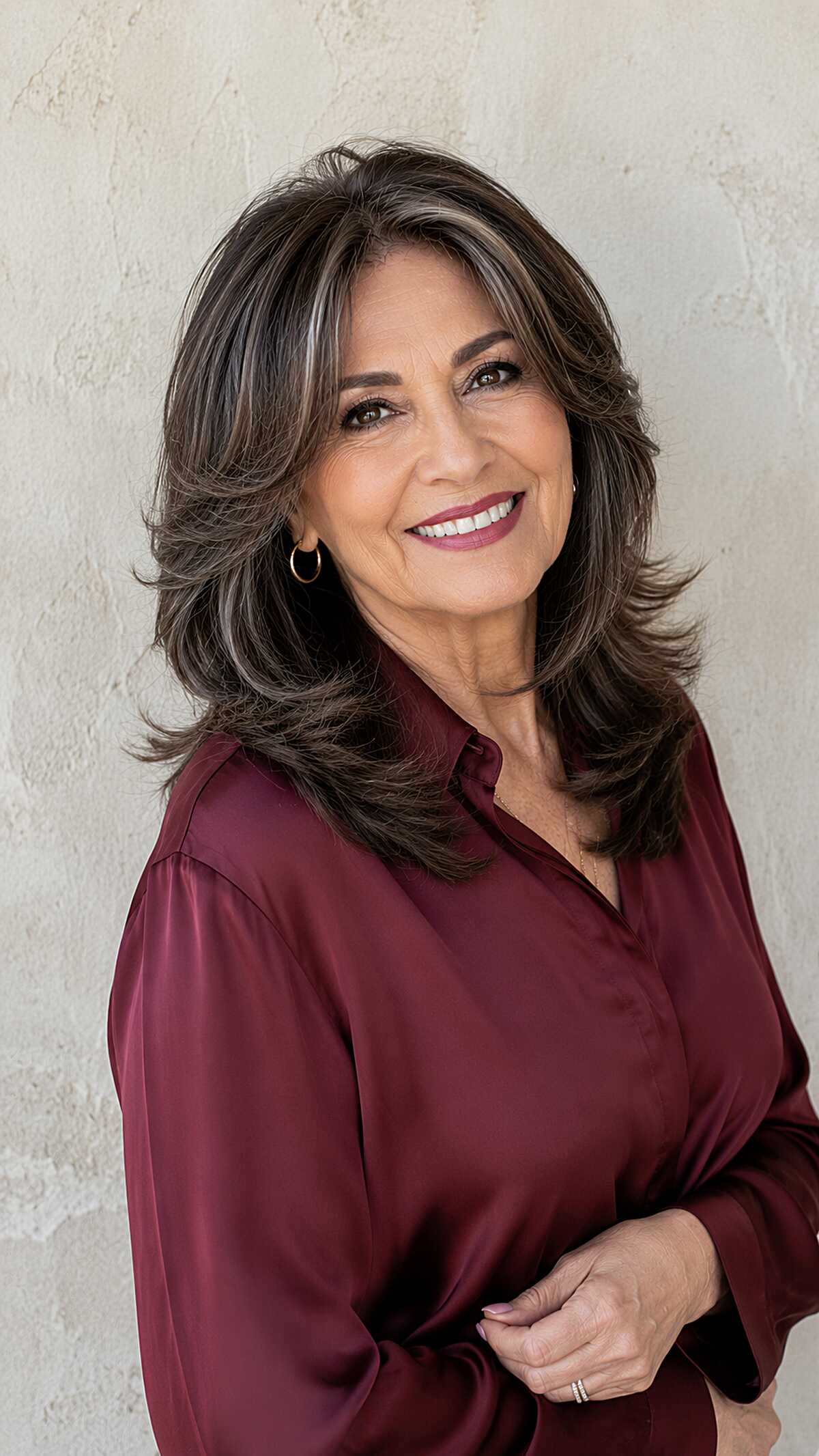 Brunette Shoulder-Length Shag with Silver Blend and Flipped Ends