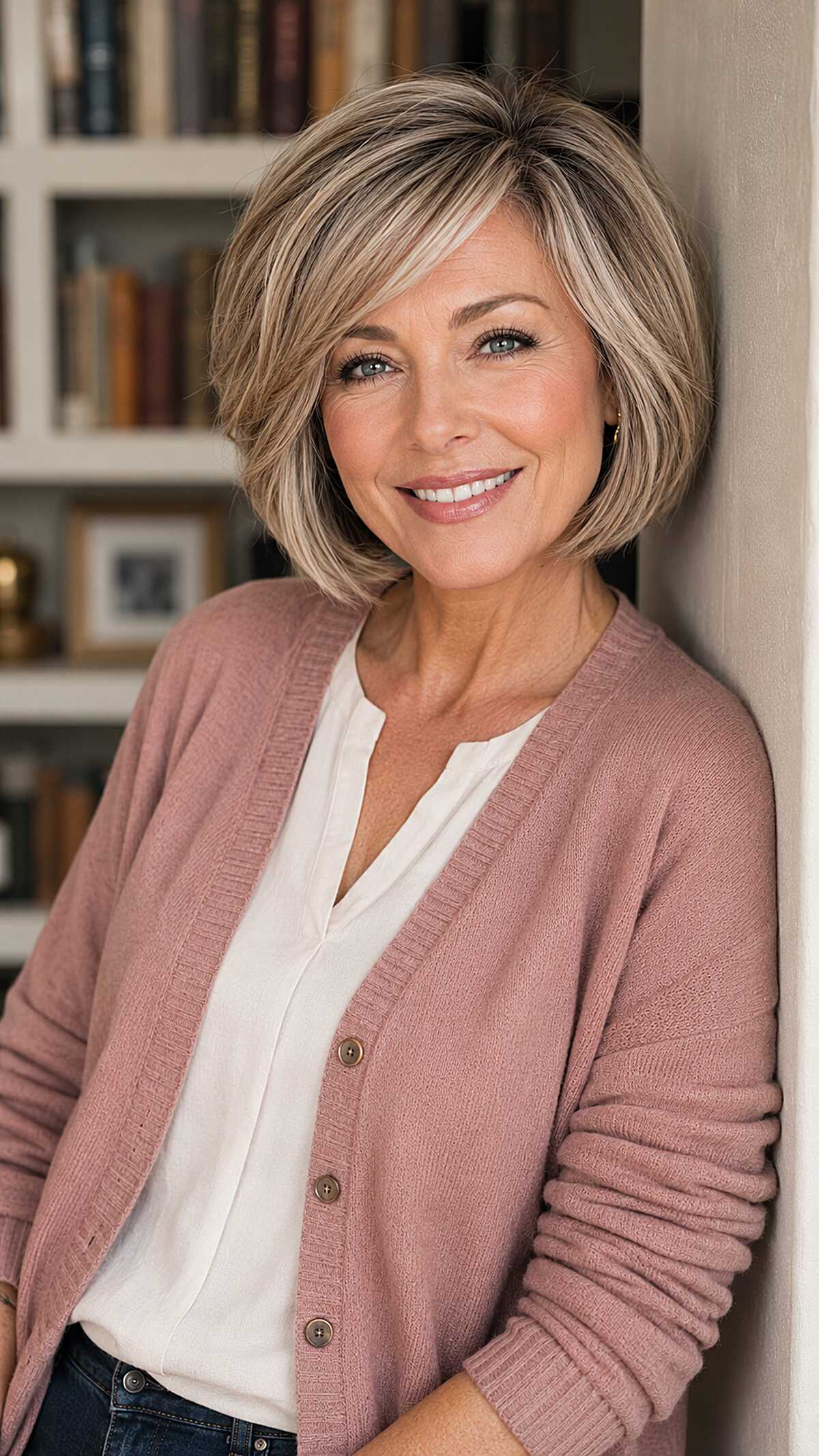 Chin-Length Feathered Bob with Cool Ash Blonde Balayage