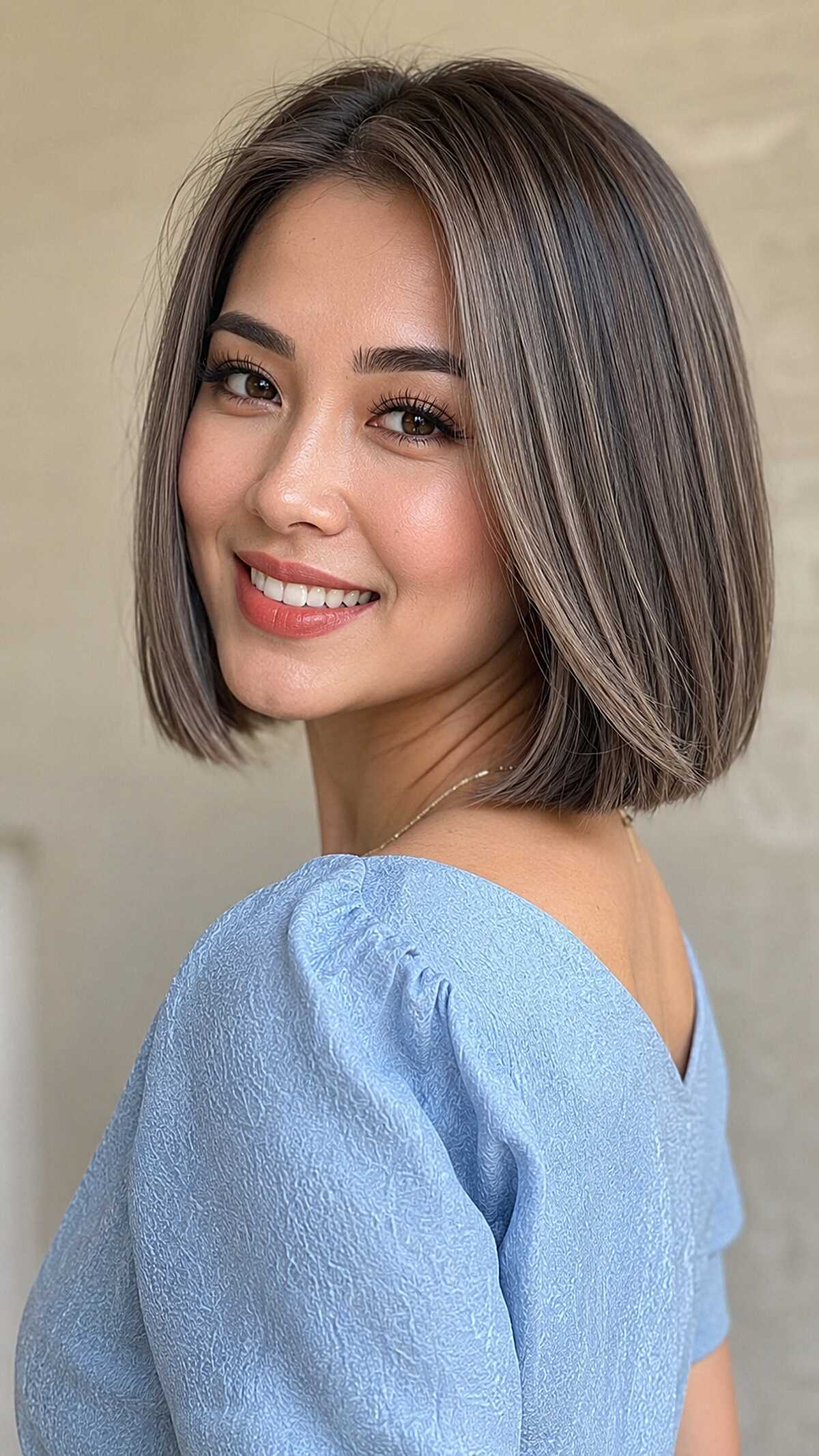 Clean Chin-Length Bob with Cool Ash Brunette Balayage
