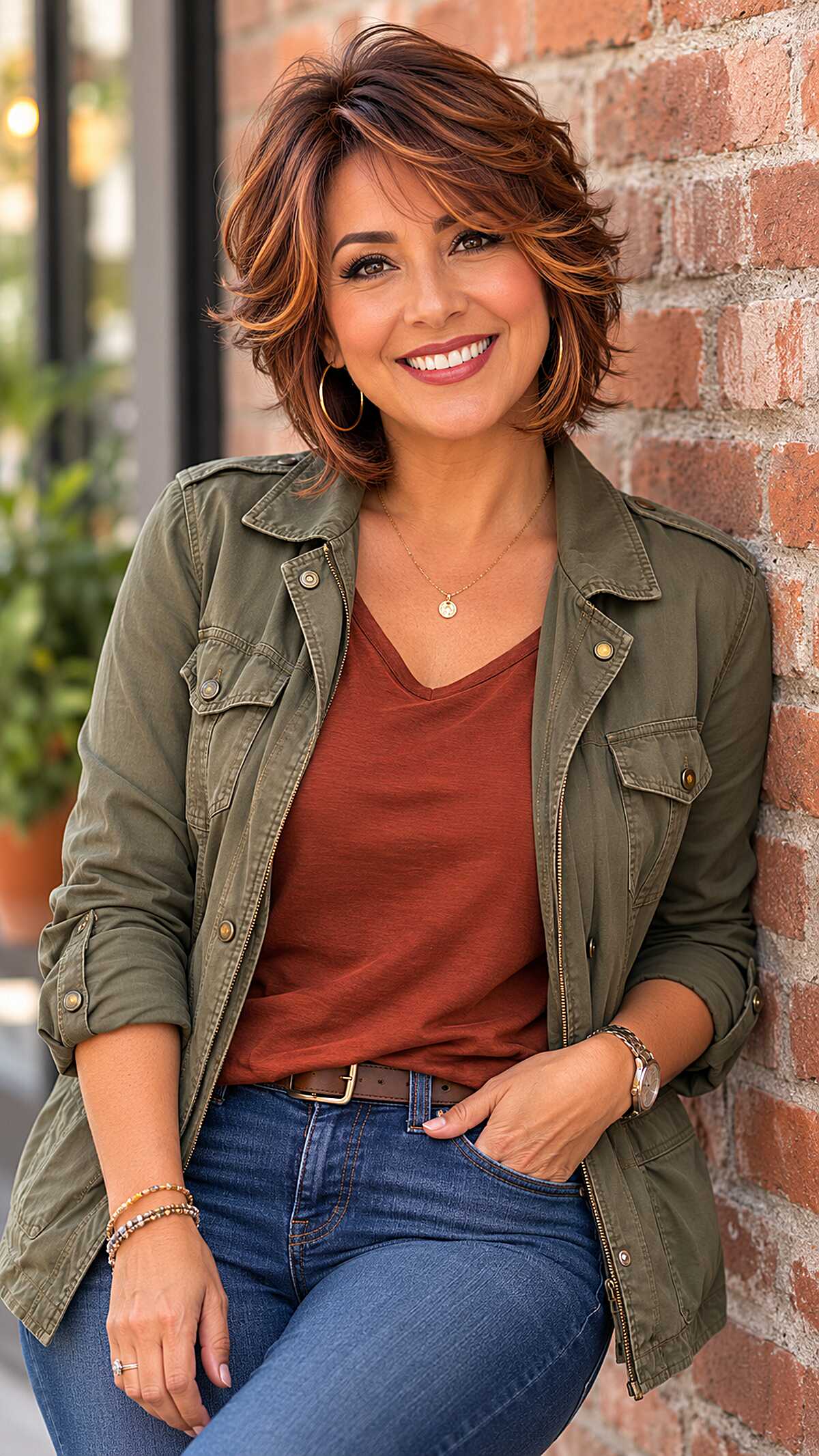Copper-Kissed Auburn Butterfly Bob with Razored Face Framing