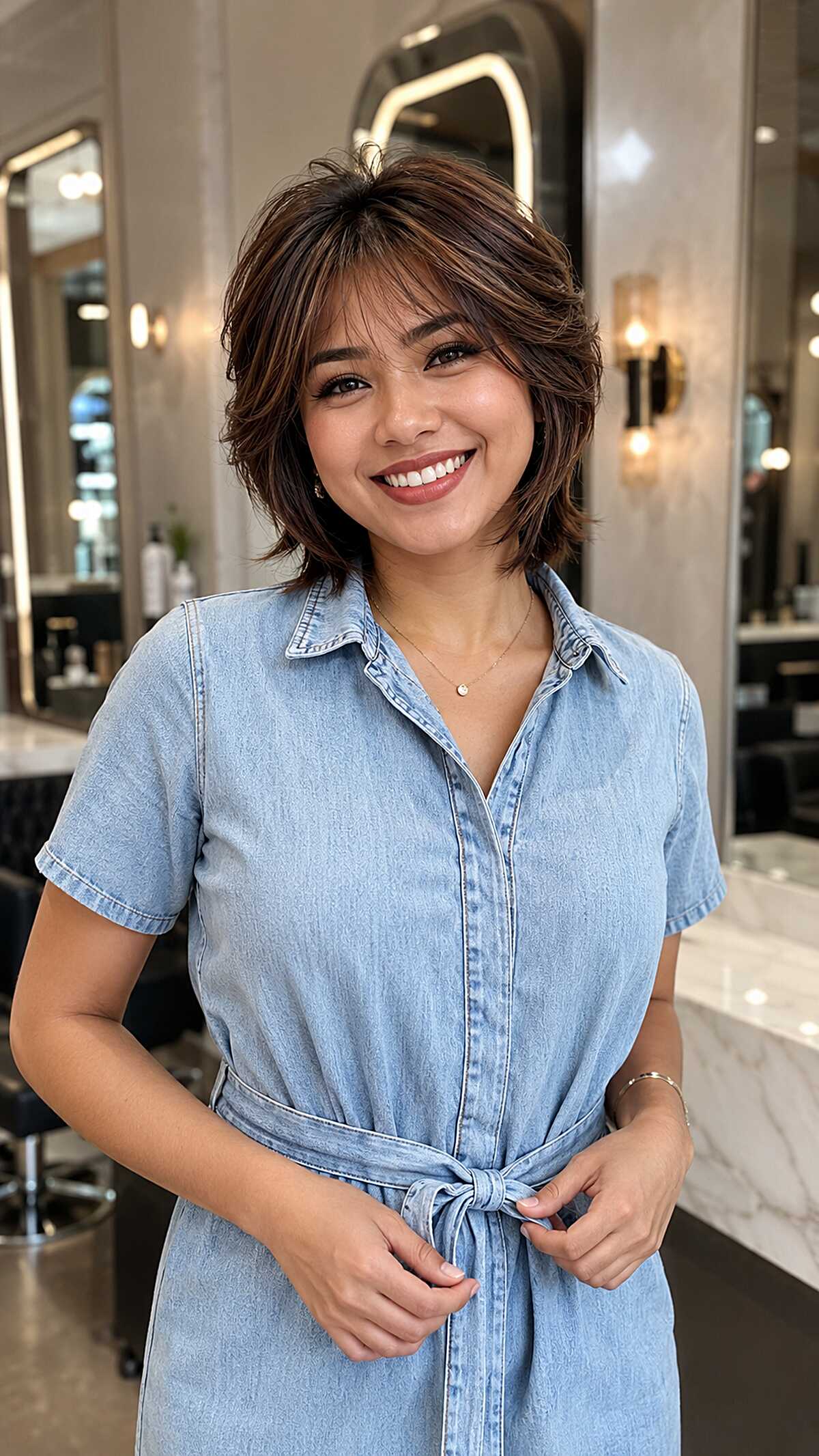 Feathered Chocolate Brown Butterfly Bob with Flipped Ends
