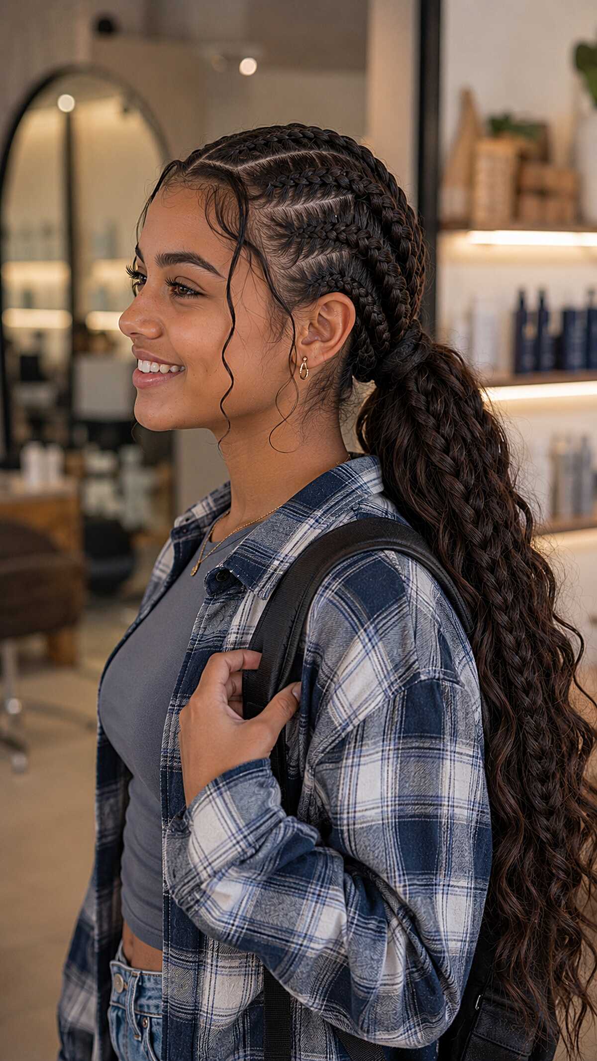 Feed-In Braids Into a Curly Low Ponytail
