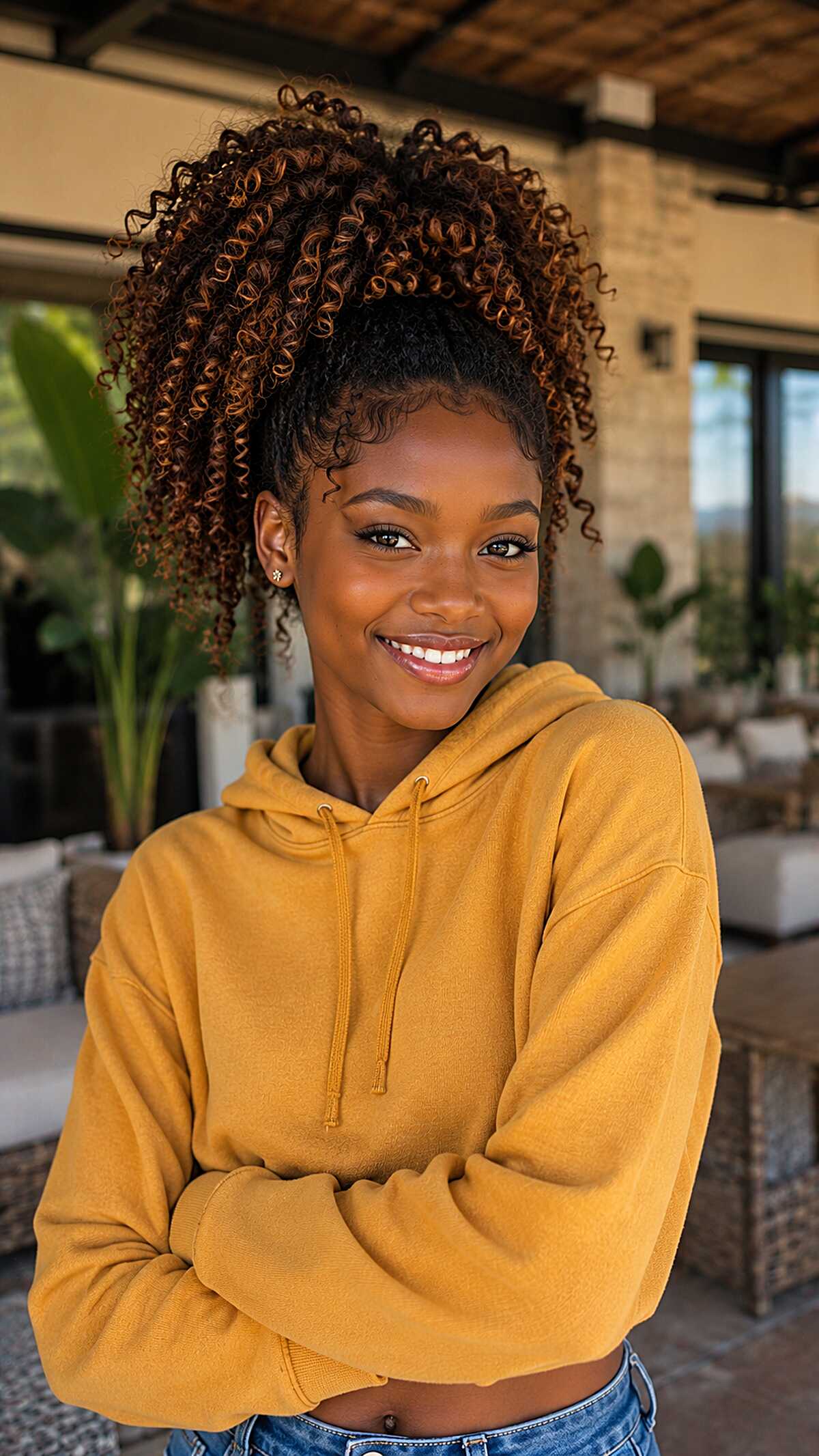 High Curly Puff with Warm Brown Highlights