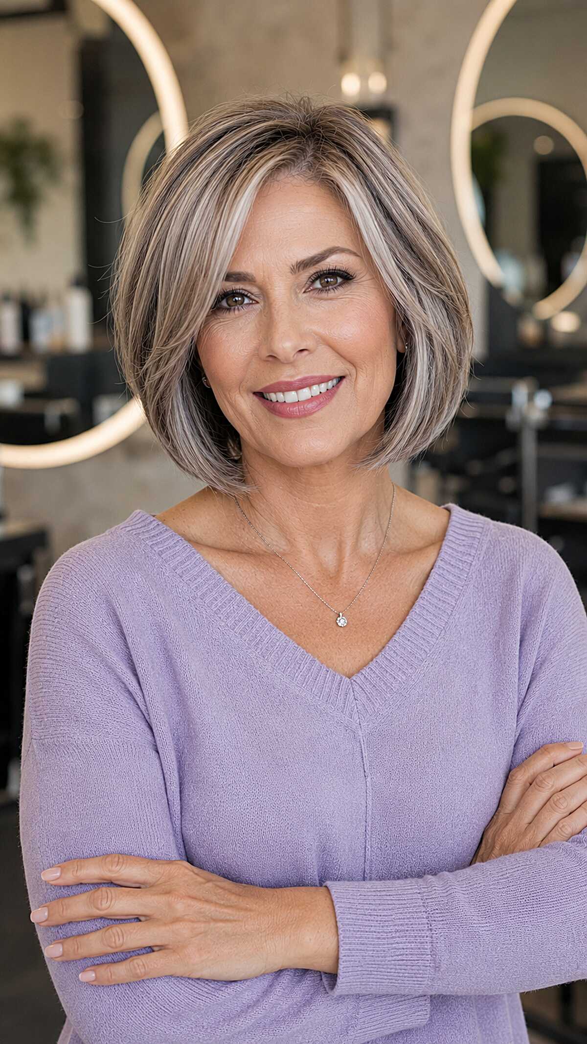 Jaw-Length Layered Bob with Cool Silver-Blonde Woven Highlights