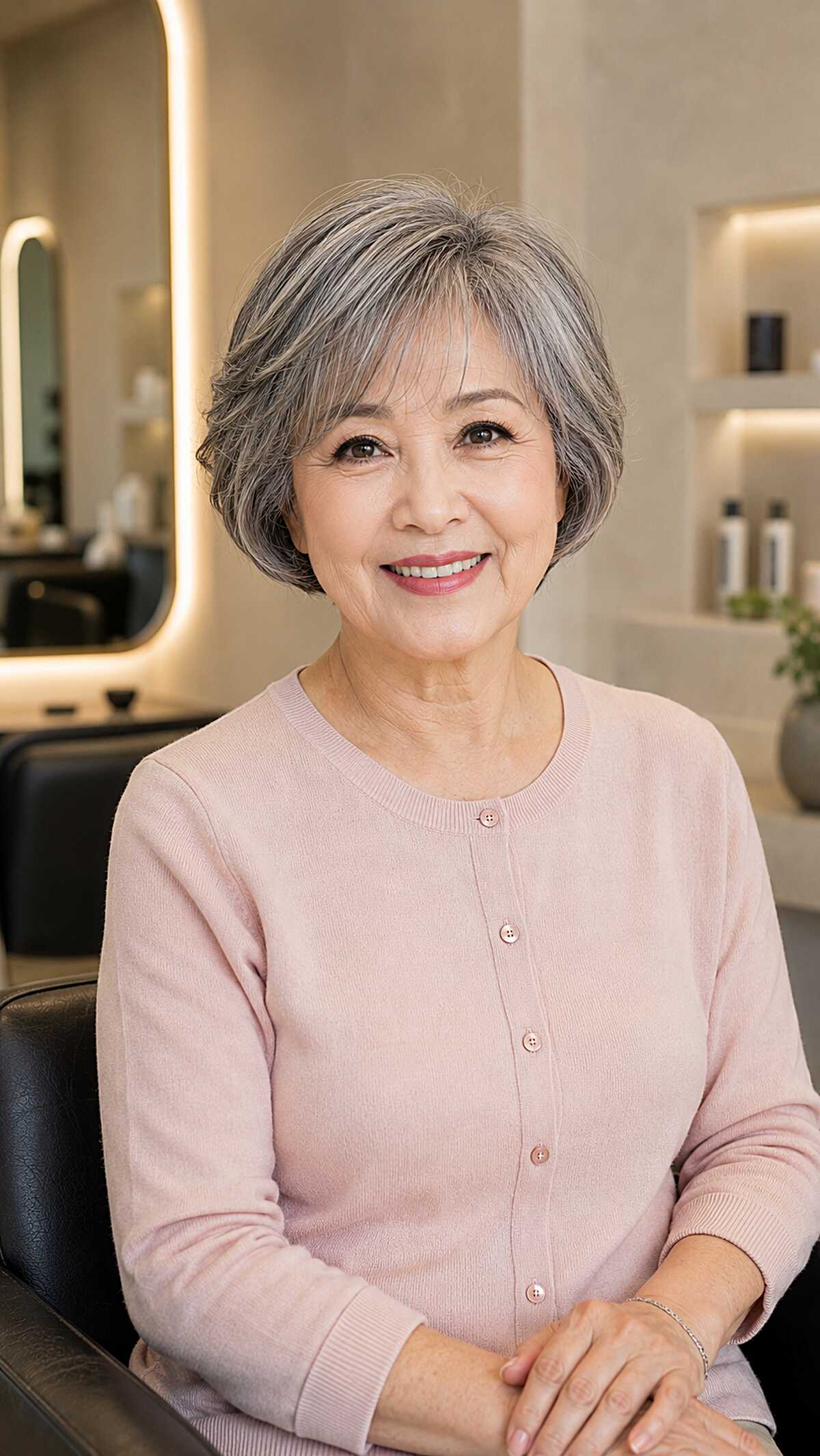 Layered Salt-and-Pepper Bob with Feathered Fringe