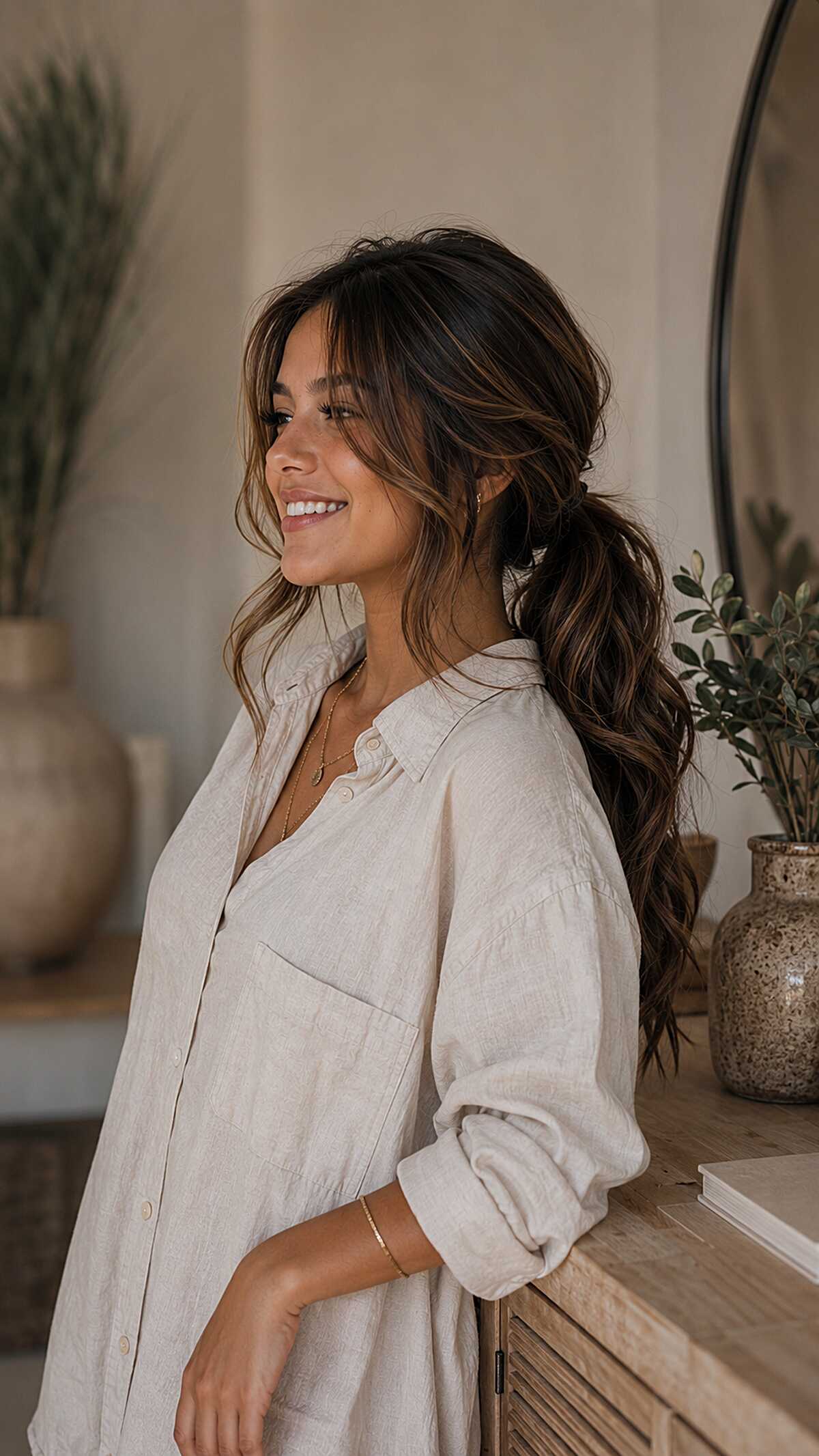Loose Low Ponytail with Wavy Curtain Layers
