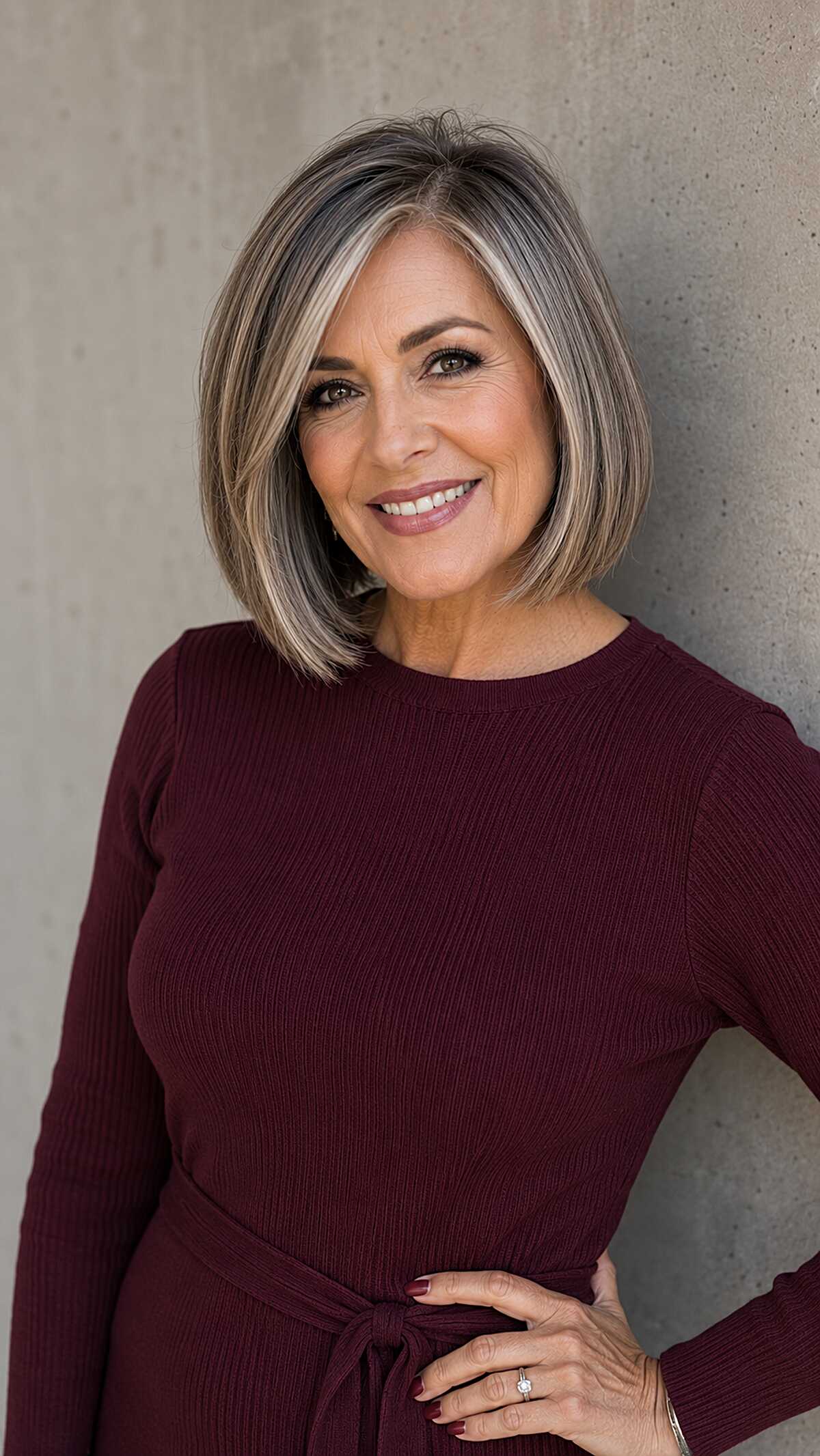 Polished Chin-Length Bob with Gray-Blended Blonde Balayage