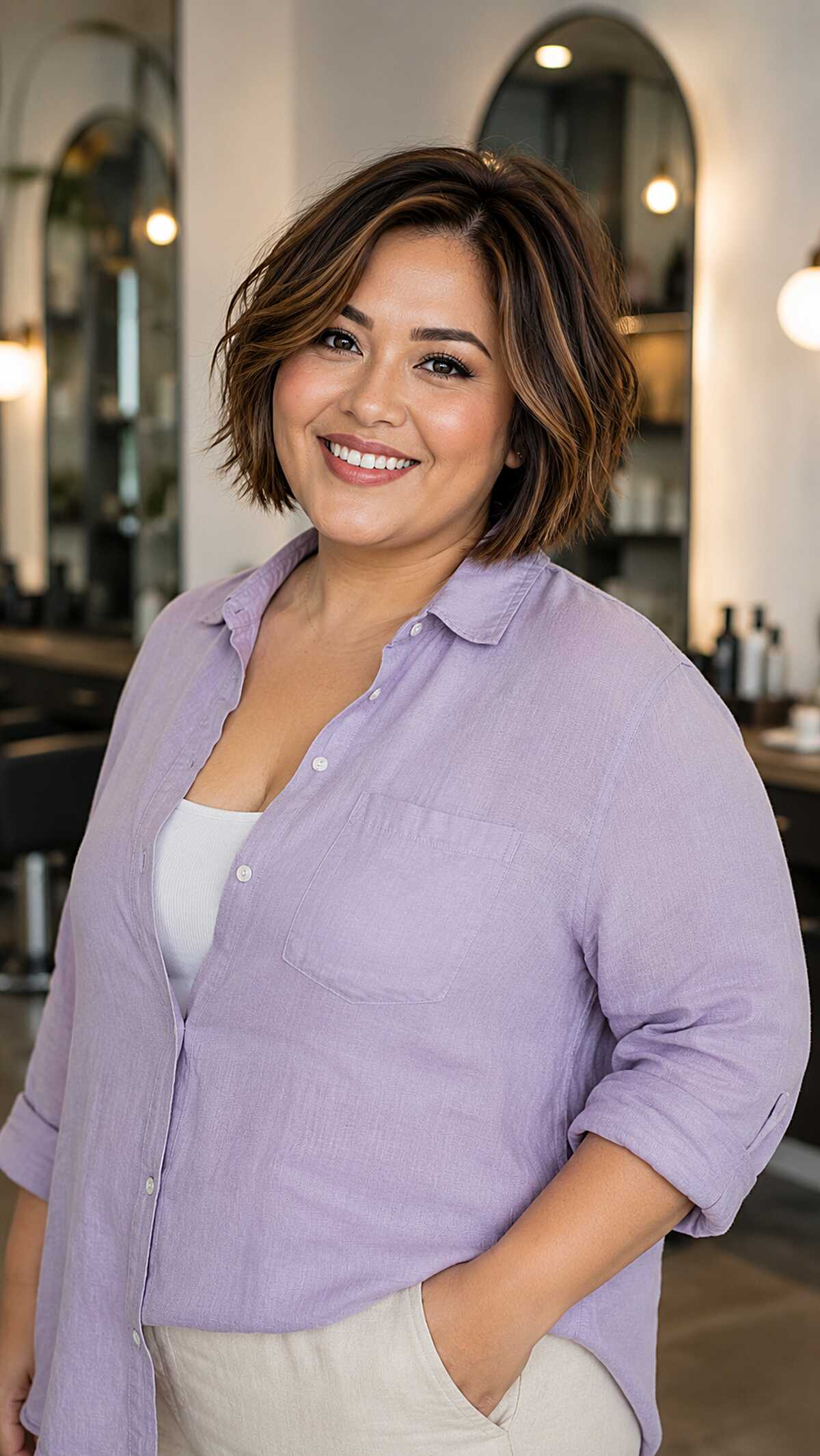 Razored Brunette Bob with Warm Toffee Face-Framing Pieces