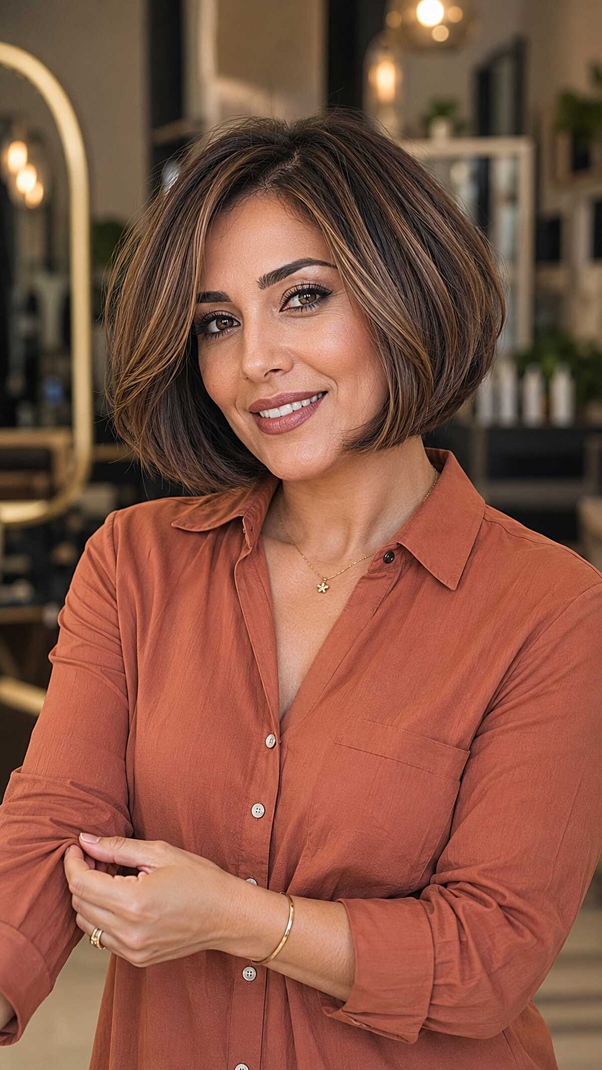 Rounded Brunette Bob with Warm Honey Woven Pieces