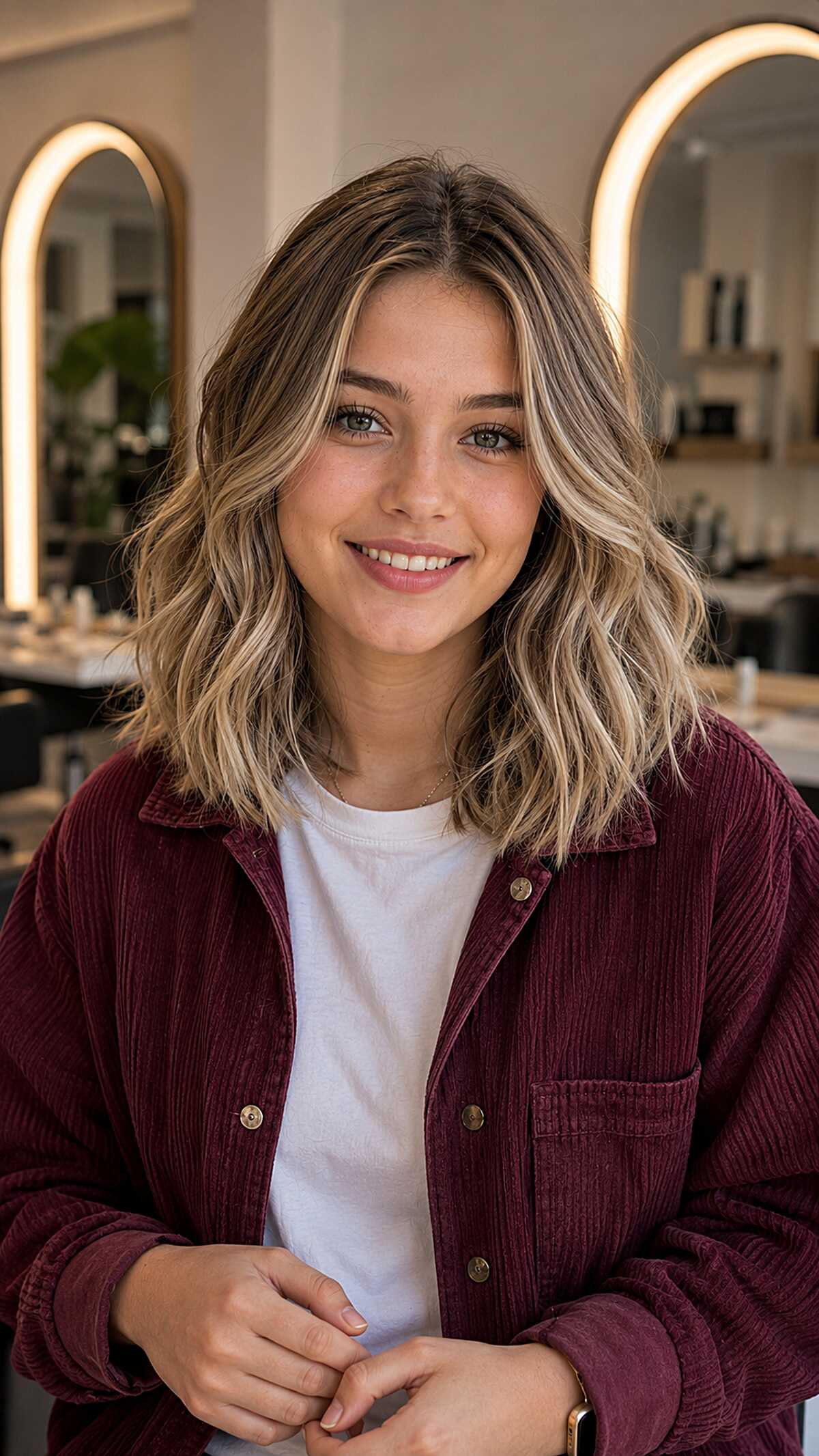 Shoulder-Length Wavy Lob with Bright Money Pieces