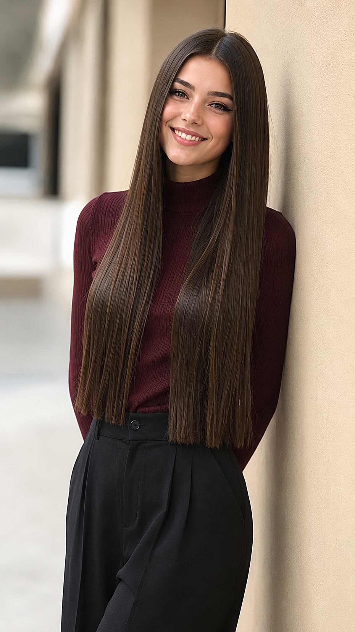 Sleek Waist-Length Brunette with Subtle Warm Ribbons