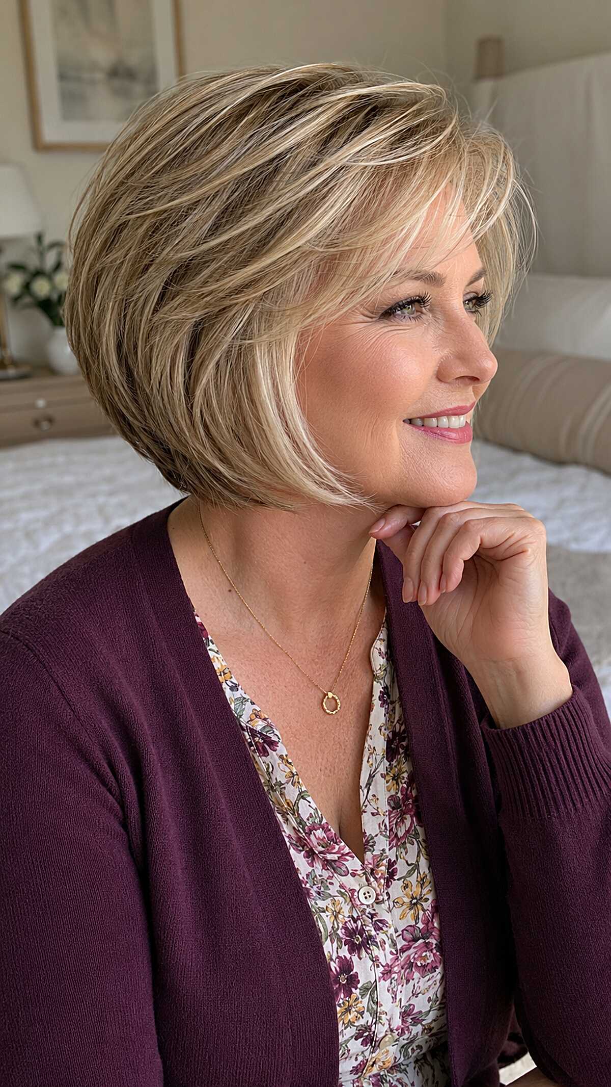 Stacked Short Bob with Blonde Dimension and Side-Swept Fringe
